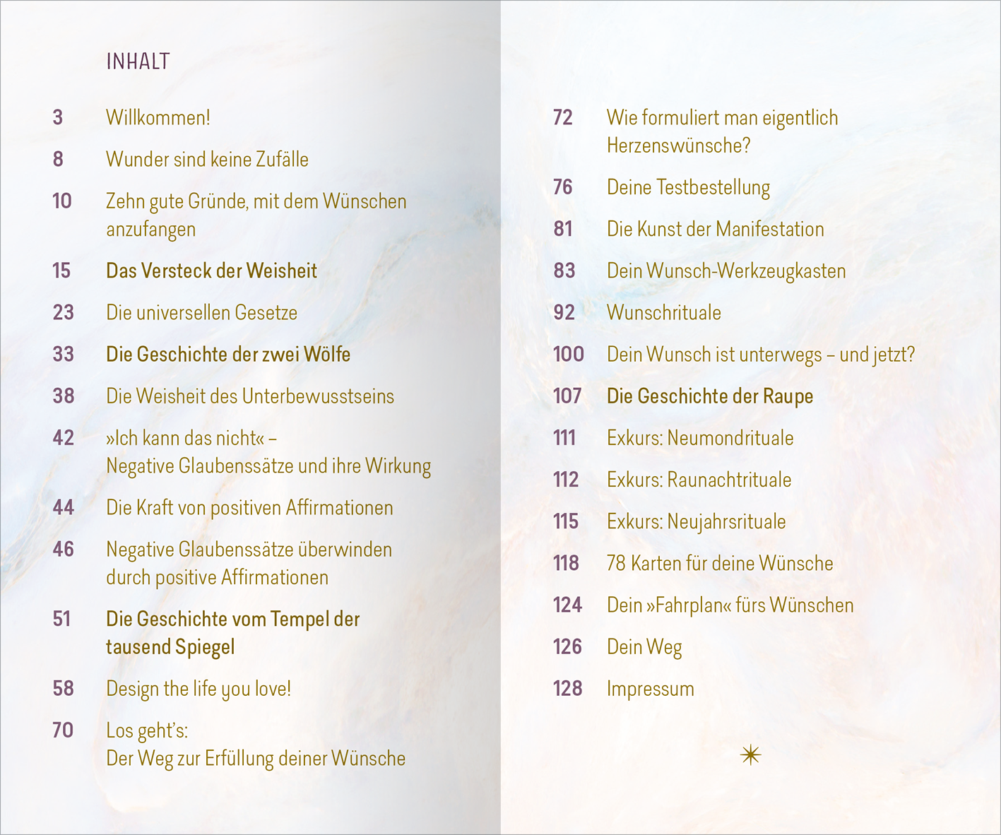 Gezeigt wird eine Innen- oder Zusatzansicht von „Herzenswünsche ans Universum“. Die Seite zeigt eine Übersicht des Inhalts mit sanften, pastellfarbenen Hintergründen. Die Typografie ist modern und klar lesbar, mit einer Mischung aus serifenlosen und geschweiften Schriftarten. Wichtige Kapitelüberschriften sind hervorgehoben, während die Seitenzahlen und Untertitel dezent platziert sind. Ein kleiner goldener Stern am unteren Rand fügt einen besonderen Akzent hinzu.