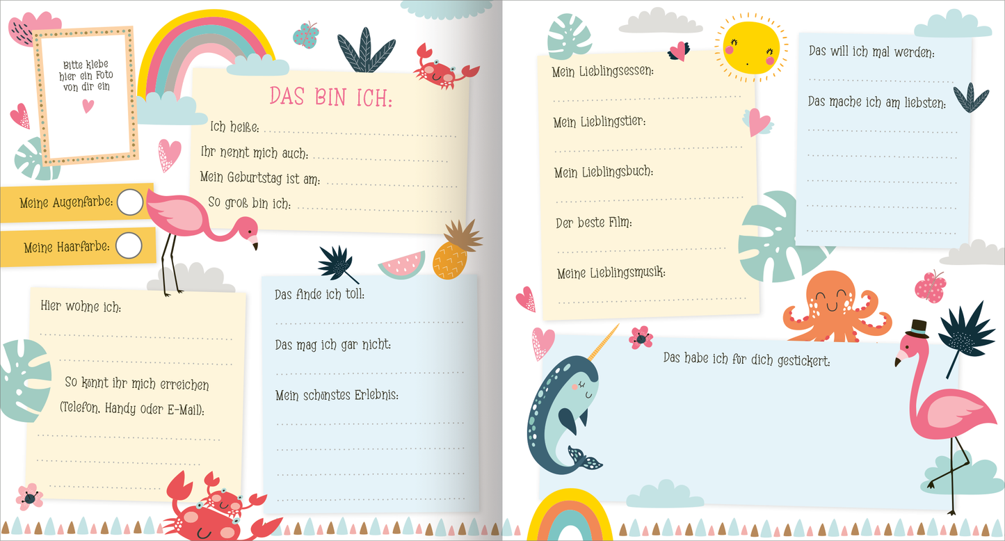 Gezeigt wird eine Innen- oder Zusatzansicht von „Alle meine Freunde – Meerjungfrau | Mit über 300 Stickern“. Die Doppelseite präsentiert bunte, verspielte Illustrationen mit Flamingos, einem Oktopus und Seesternen. Auf einem hellblauen Hintergrund sind leuchtende Regenbögen und Pflanzenmuster zu sehen. In verschiedenen Schriftarten stehen Fragen und Abschnitte wie „Das bin ich“ und „Mein Lieblingsfilm“ zur persönlichen Eingabe bereit. Die Layout-Elemente sind klar strukturiert...