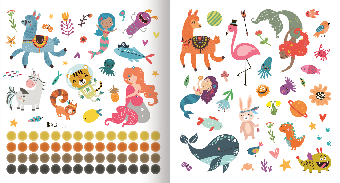 Gezeigt wird eine Innen- oder Zusatzansicht von „Alle meine Freunde – Meerjungfrau | Mit über 300 Stickern“. Die zwei Seiten präsentieren bunte, kinderfreundliche Illustrationen von verschiedenen Tieren und fantastischen Kreaturen, darunter eine Meerjungfrau, ein Flamingo und ein Drache. Die Farben sind lebhaft und vielfältig, mit vielen Pastelltönen sowie hellen Akzenten. Die Typografie ist verspielt und einladend, ideal für junge Leser. Am unteren Rand befinden sich Farbpaletten...