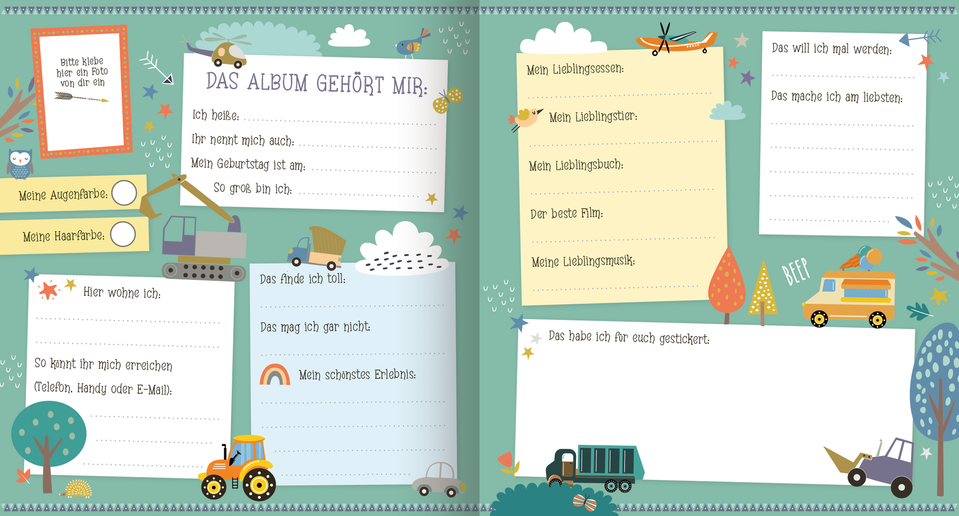 Gezeigt wird eine Innenansicht von „Alle meine Freunde – Fahrzeuge | Mit über 300 Stickern“. Die Seite ist in sanften Pastellfarben gestaltet, vorwiegend in Grün, Blau und Gelb. Illustrationen von Fahrzeugen, Bäumen und Wolken schmücken die Seiten und verleihen eine fröhliche, einladende Atmosphäre. Die Struktur ist klar, und die verschiedenen Abschnitte sind eindeutig voneinander getrennt. Auf der linken Seite befindet sich ein Feld mit der Aufschrift „DAS ALBUM GEHÖRT MIR“ in...