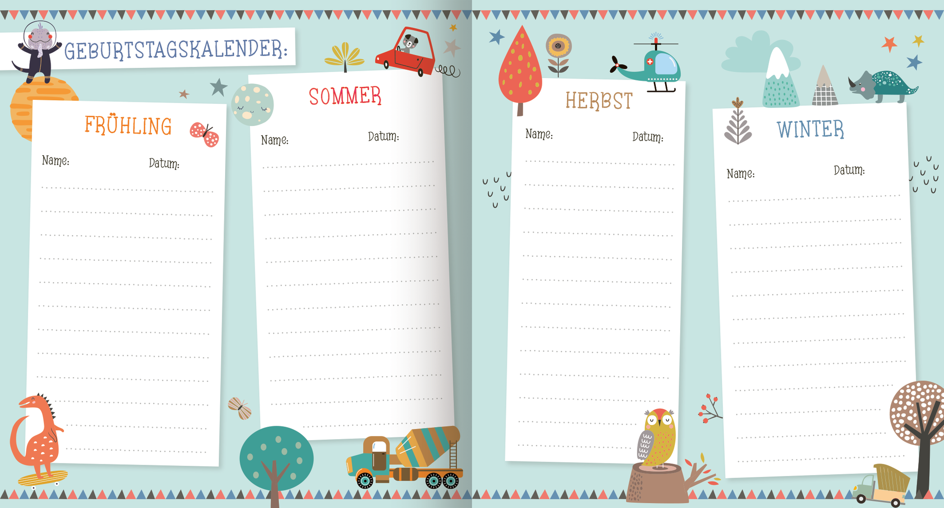 Gezeigt wird eine Innenansicht von „Alle meine Freunde – Fahrzeuge | Mit über 300 Stickern“. Die Doppelseite präsentiert einen bunten Geburtstagskalender mit den vier Jahreszeiten: Frühling, Sommer, Herbst und Winter. Jedes Segment enthält Platz für Namen und Daten, umrahmt von verspielten Illustrationen von Fahrzeugen, Tieren und Bäumen in sanften Farben. Die Verwendung von klaren, kindgerechten Schriftarten und leichten Pastelltönen schafft eine einladende und fröhliche...
