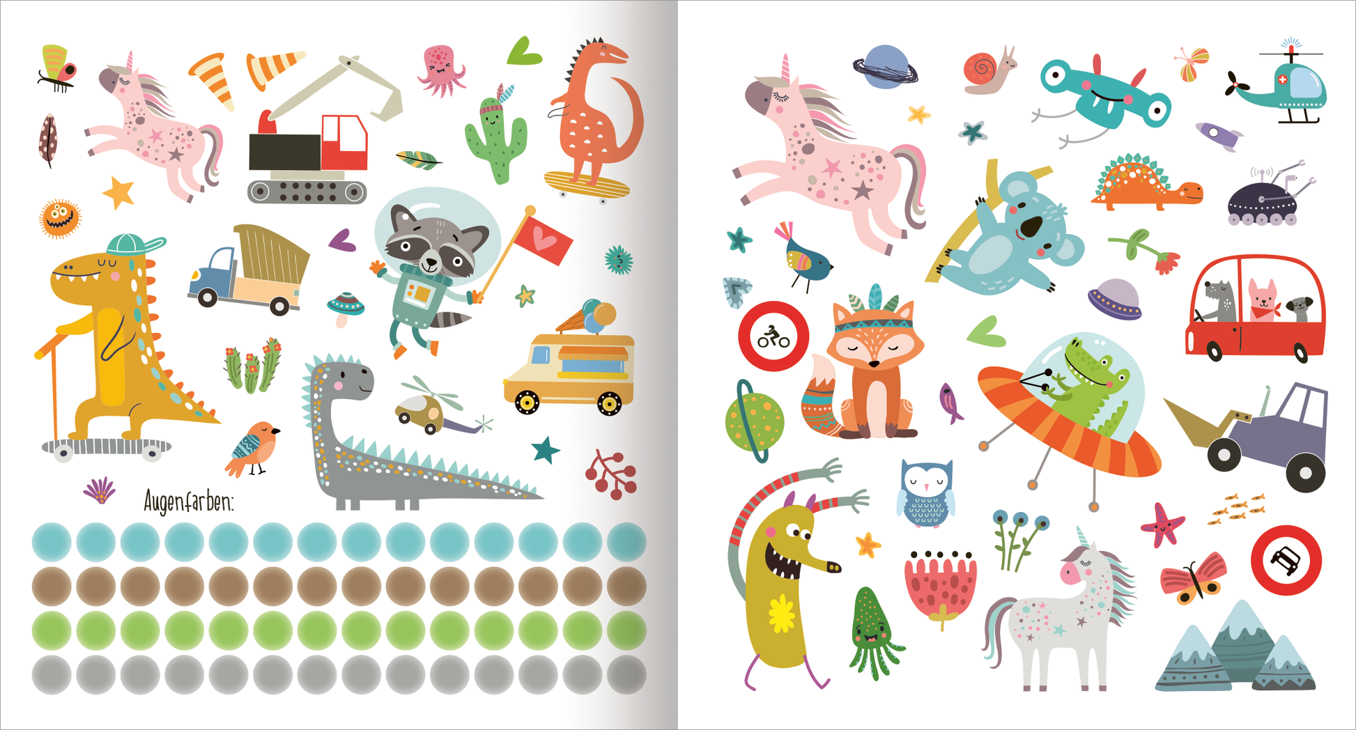 Gezeigt wird eine Innenansicht von „Alle meine Freunde – Fahrzeuge | Mit über 300 Stickern“. Auf der Doppelseite sind viele verschiedene Sticker-Motive zu sehen. Die Sticker sind bunt und spielerisch gestaltet, mit verschiedenen Fahrzeug- und Tier-Illustrationen. Dominierende Farben sind Orange, Blau, Grün und Gelb. Auf der linken unteren Hälfte sind außerdem noch kleine, kreisförmige Sticker in vier Reihen angeordnet. Diese stellen Augenfarben wie Blau, Braun, Grün und Grau dar.