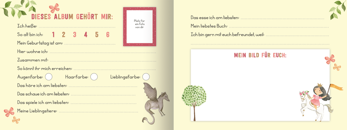 Gezeigt wird eine Innenansicht von „Meine Freunde – Prinzessin“. Auf der linken Seite befindet sich ein beschriftbares Feld mit der Überschrift „DIESSES ALBUM GEHÖRT MIR“, umgeben von bunten, kindgerechten Illustrationen wie Blumen und einem kleinen Drachen. Die Typografie ist verspielt und farbenfroh, mit einer Mischung aus Druck- und Schreibschrift. Die rechte Seite bietet Platz für eine Illustration und Abschnitte, um persönliche Informationen sowie Lieblingsdinge festzuhalten.