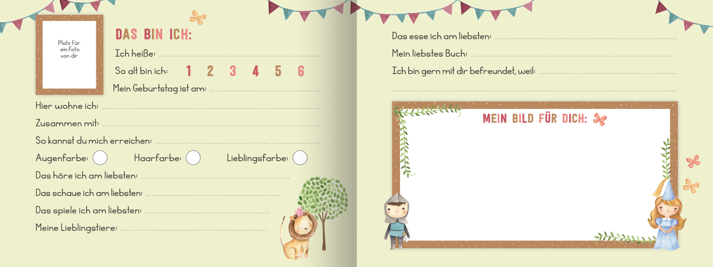 Gezeigt wird eine Innenansicht von „Meine Freunde – Prinzessin“. Die Doppelseite ist in sanften Pastellfarben gehalten, hauptsächlich in einem hellen Grünton. Es gibt verschiedene Bereiche mit spielerischen Illustrationen von Tieren, Bäumen und lieblichen Figuren, die eine Prinzessin und einen Freund darstellen. Auf der linken Seite befinden sich Fragen zur eigenen Person, während die rechte Seite ein leeres Feld zum Zeichnen bietet und den Satz „MEIN BILD FÜR DICH“ in rot...