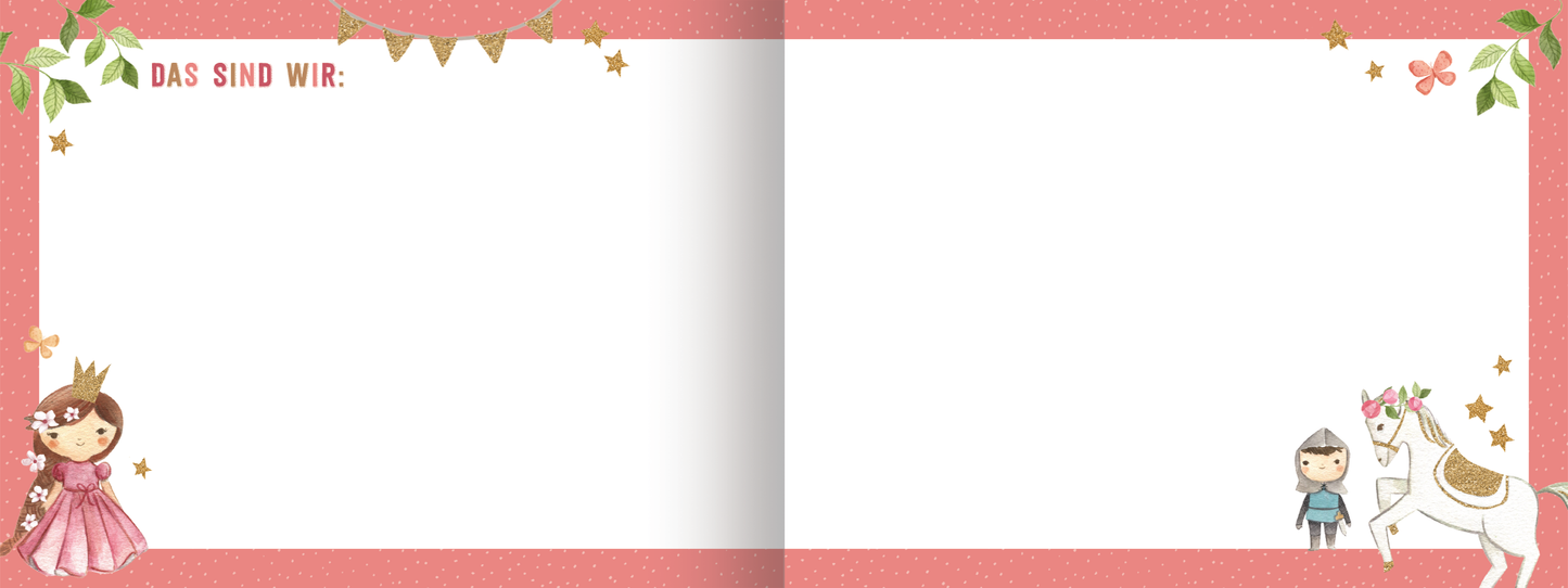 Gezeigt wird eine Innenansicht von „Meine Freunde – Prinzessin“. Die Seite hat einen zarten, rosafarbenen Hintergrund mit einer feinen, gepunkteten Textur. Oben links steht der Text „DAS SIND WIR:“ in einer verspielten, roten Schrift. Ein hübsches Mädchen in einem pinken Prinzessinnenkleid und eine kleine Figur stehen links und rechts. Auf der rechten Seite ist ein niedliches Einhorn abgebildet. Die Illustrationen sind kindlich und freundlich gestaltet, was die Abenteuerlust anregt.