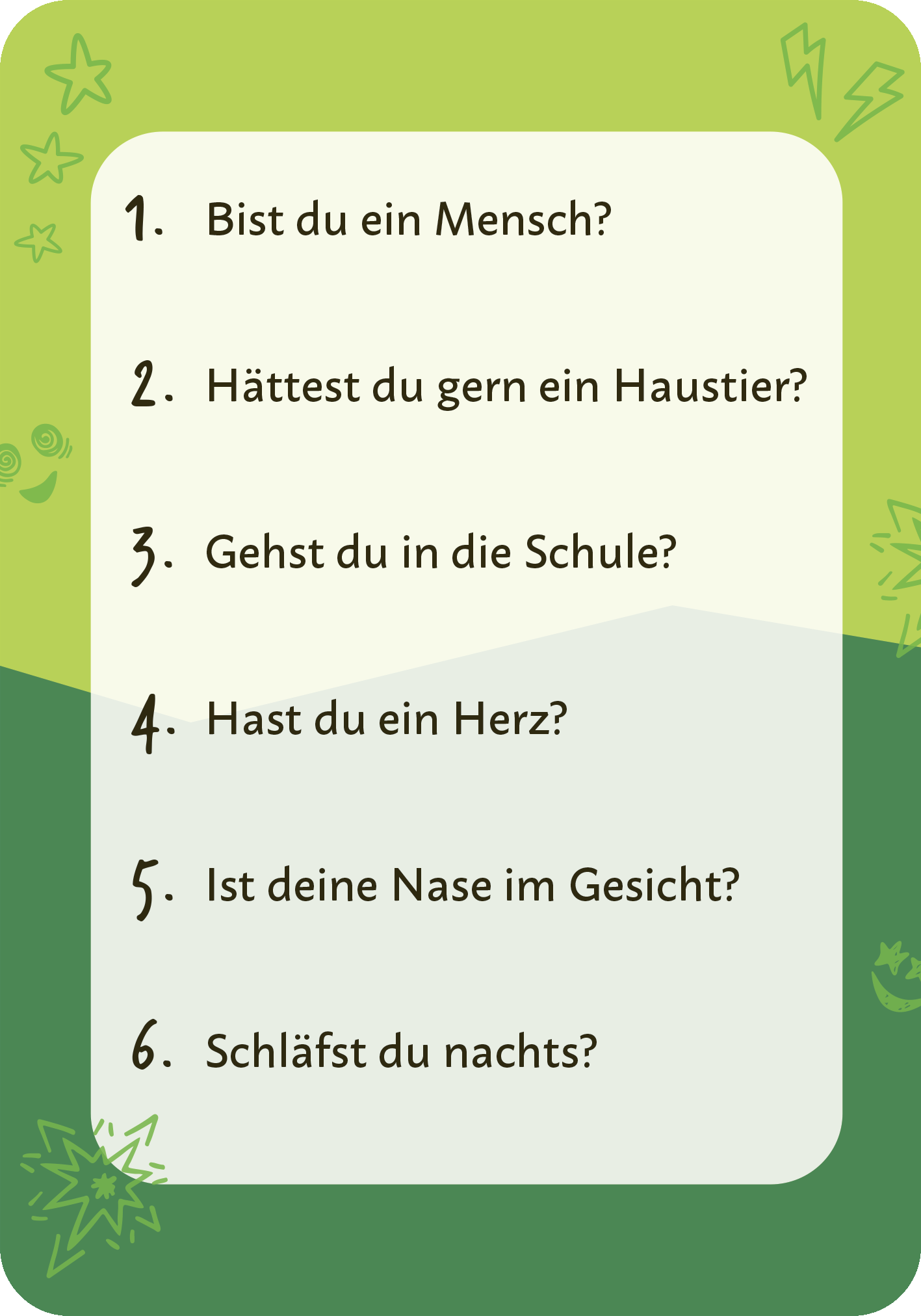 Gezeigt wird eine Innen- oder Zusatzansicht von „Ja und Nein darf nicht sein!“. Der Hintergrund ist in zwei Grüntonen gehalten, während die Fragen in einer gut lesbaren, modernen Schriftart dargestellt sind. Die Aufzählung ist nummeriert und visuell ansprechend gestaltet, mit grafischen Elementen wie kleinen Sternen und Blitzen, die dem Design einen spielerischen Charakter verleihen.