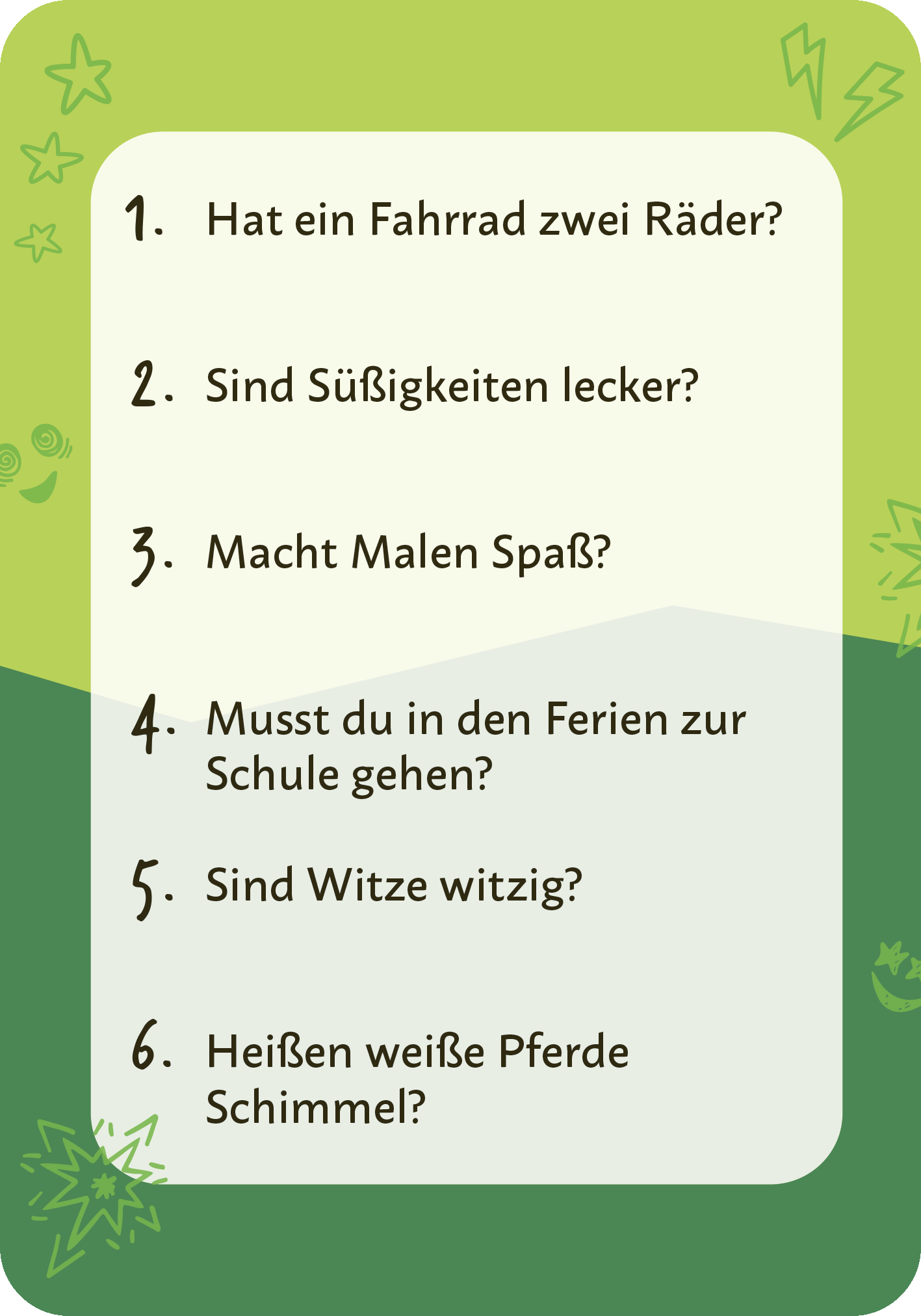 Gezeigt wird eine Innen- oder Zusatzansicht von „Ja und Nein darf nicht sein!“. Der Hintergrund ist in zwei Grüntonen gehalten, während die Fragen in einer gut lesbaren, modernen Schriftart dargestellt sind. Die Aufzählung ist nummeriert und visuell ansprechend gestaltet, mit grafischen Elementen wie kleinen Sternen und Blitzen, die dem Design einen spielerischen Charakter verleihen.