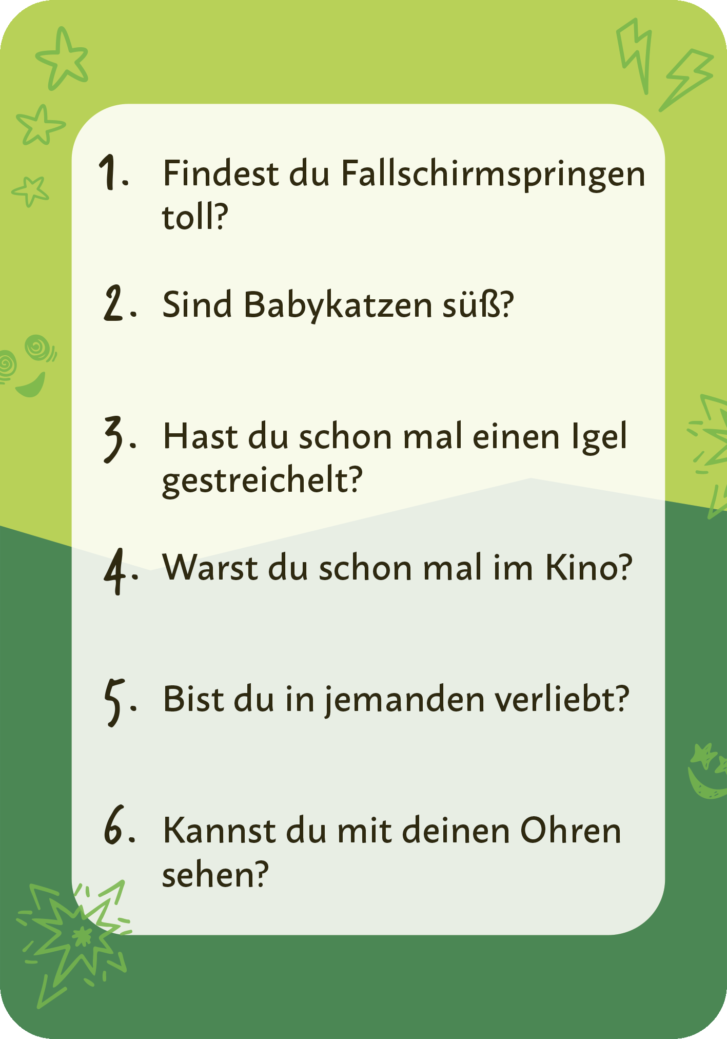 Gezeigt wird eine Innen- oder Zusatzansicht von „Ja und Nein darf nicht sein!“. Der Hintergrund ist in zwei Grüntonen gehalten, während die Fragen in einer gut lesbaren, modernen Schriftart dargestellt sind. Die Aufzählung ist nummeriert und visuell ansprechend gestaltet, mit grafischen Elementen wie kleinen Sternen und Blitzen, die dem Design einen spielerischen Charakter verleihen.