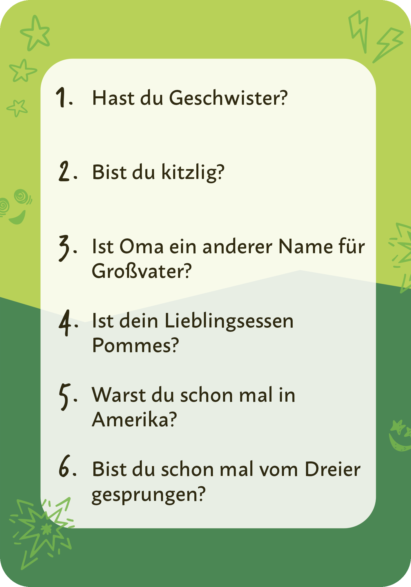 Gezeigt wird eine Innen- oder Zusatzansicht von „Ja und Nein darf nicht sein!“. Der Hintergrund ist in zwei Grüntonen gehalten, während die Fragen in einer gut lesbaren, modernen Schriftart dargestellt sind. Die Aufzählung ist nummeriert und visuell ansprechend gestaltet, mit grafischen Elementen wie kleinen Sternen und Blitzen, die dem Design einen spielerischen Charakter verleihen.