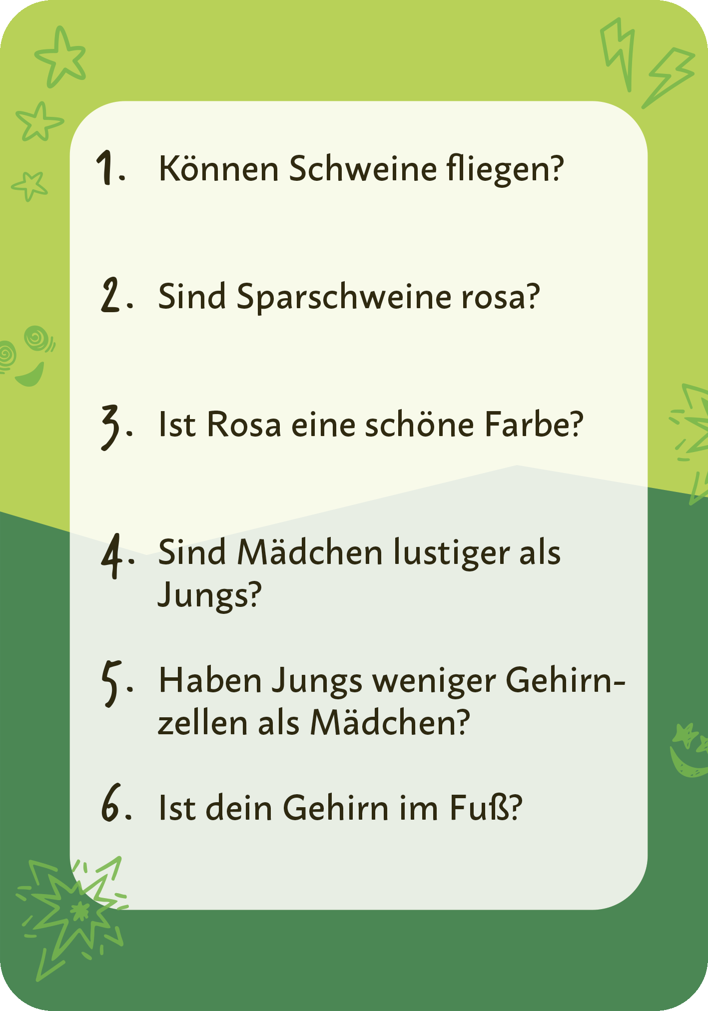 Gezeigt wird eine Innen- oder Zusatzansicht von „Ja und Nein darf nicht sein!“. Der Hintergrund ist in zwei Grüntonen gehalten, während die Fragen in einer gut lesbaren, modernen Schriftart dargestellt sind. Die Aufzählung ist nummeriert und visuell ansprechend gestaltet, mit grafischen Elementen wie kleinen Sternen und Blitzen, die dem Design einen spielerischen Charakter verleihen.