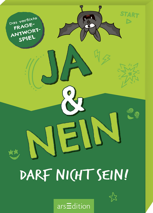 Die Vorderseite der dreidimensionalen Kartenbox zeigt einen fröhlichen, cartoonhaften Stil mit einem dominierenden hellen und dunklen Grün. Mittig steht in dunklem und hellen Grün „JA & NEIN“. Darunter steht in Weiß der Untertitel „Darf nicht sein!“. Eine Fledermaus hängt darüber von der Decke und ergänzt die Illustration, die in einer Comic-ähnlichen Darstellung mit aufgeregten Elementen wie Sternen verziert ist. Oben links befindet sich ein runder Button mit dem Text...