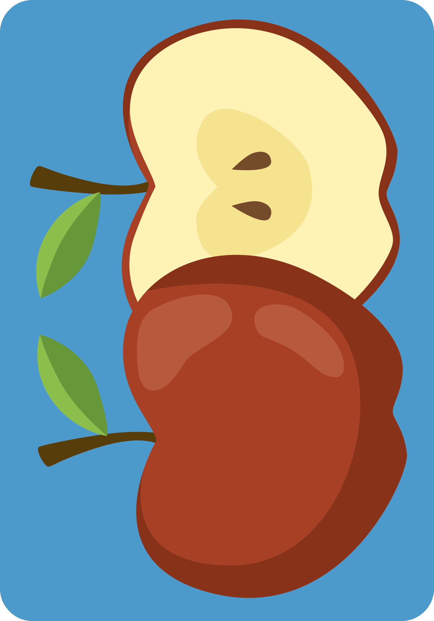 Gezeigt wird eine Innen- oder Zusatzansicht von „Ich packe meinen Koffer“. Die Darstellung zeigt eine rote Apfelhälfte auf einem blauen Hintergrund. Die Apfelhälfte ist glänzend und hat eine lebendige Farbe, während die nicht sichtbare Innenseite leicht beige ist, mit einer klaren Textur und zwei kleinen, braunen Kernen. Grüne Blätter an einem dünnen Stiel ergänzen das Bild. Die einfache, farbenfrohe Gestaltung vermittelt ein spielerisches Gefühl.