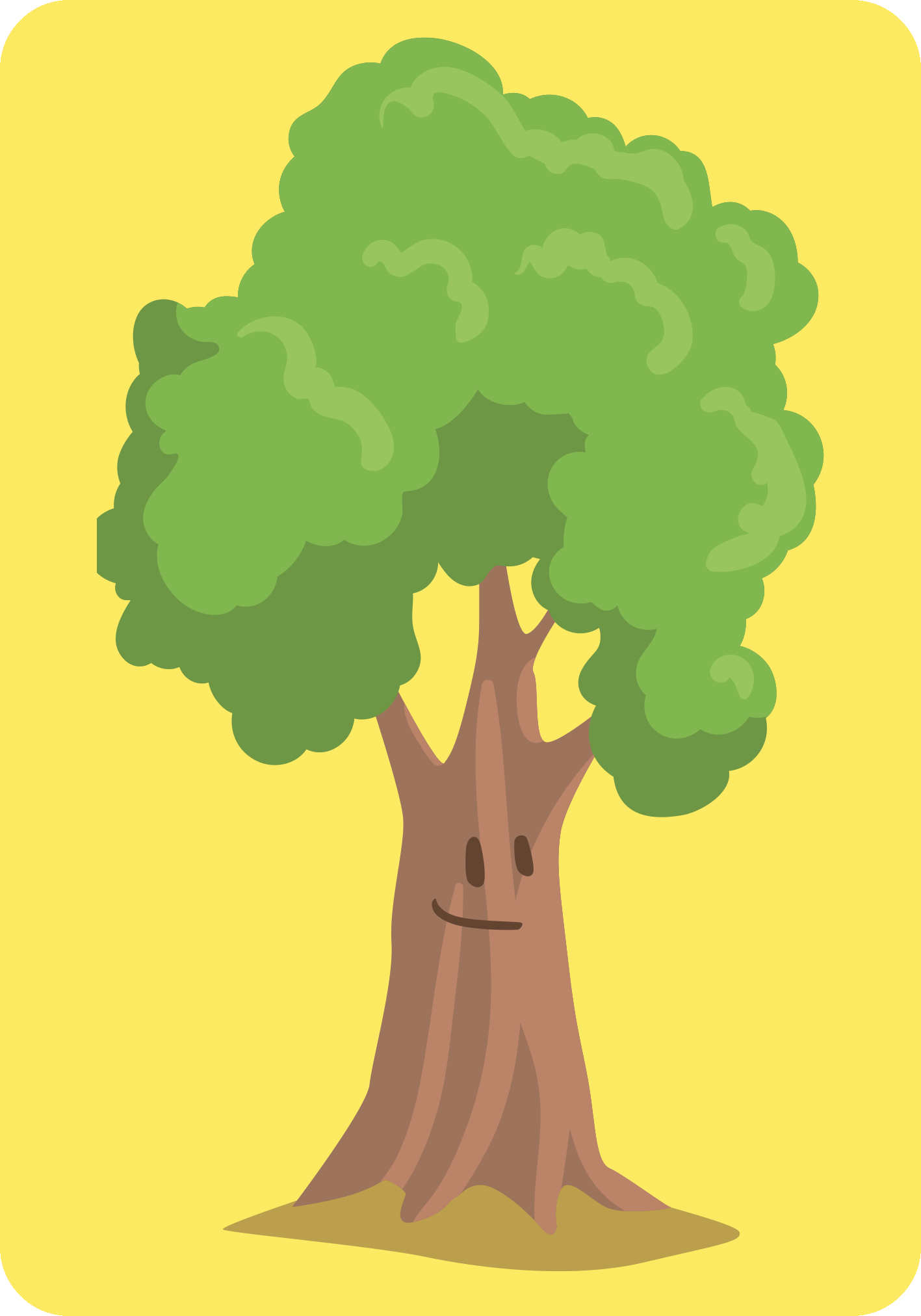 Gezeigt wird eine Innen- oder Zusatzansicht von „Ich packe meinen Koffer“. Die Illustration zeigt einen stilisierten Baum mit einem lächelnden Gesicht in der Mitte. Der Baum hat eine braune, geschwungene Stammfarbe, während die Krone in verschiedenen Grüntönen dargestellt ist und üppig wirkt. Der Hintergrund ist in einem hellen Gelb gehalten, was einen freundlichen und einladenden Eindruck vermittelt. Die gesamte Illustration nutzt eine klare, moderne Schriftart für eventuell...