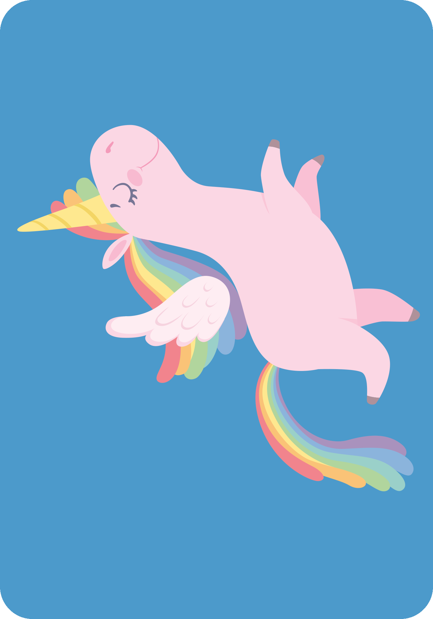 Gezeigt wird eine Innen- oder Zusatzansicht von „Ich packe meinen Koffer“. Die Illustration zeigt ein pinkfarbenes Einhorn mit einem bunten Regenbogenmuster und Flügeln. Der Hintergrund ist in einem sanften Blau gehalten, was einen freundlichen und einladenden Eindruck vermittelt. Die Typografie ist verspielt und kindgerecht, passend zum farbenfrohen Layout. Die Gesamtkomposition strahlt Freude und Fantasie aus, ideal für Kinder und Familien.