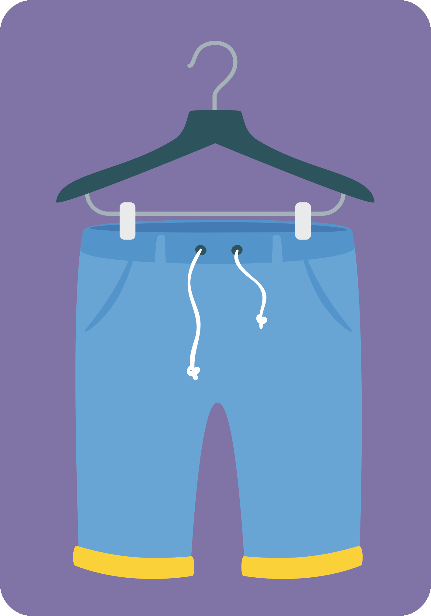 Gezeigt wird eine Innen- oder Zusatzansicht von „Ich packe meinen Koffer“. Die Illustration zeigt eine blaue short mit gelben Abschlüssen, die an einem schwarzen Kleiderbügel hängt. Der Hintergrund ist lila und sorgt für einen auffälligen Kontrast. Die typografischen Elemente sind modern und einfach gehalten, was die Übersichtlichkeit der Darstellung unterstützt.