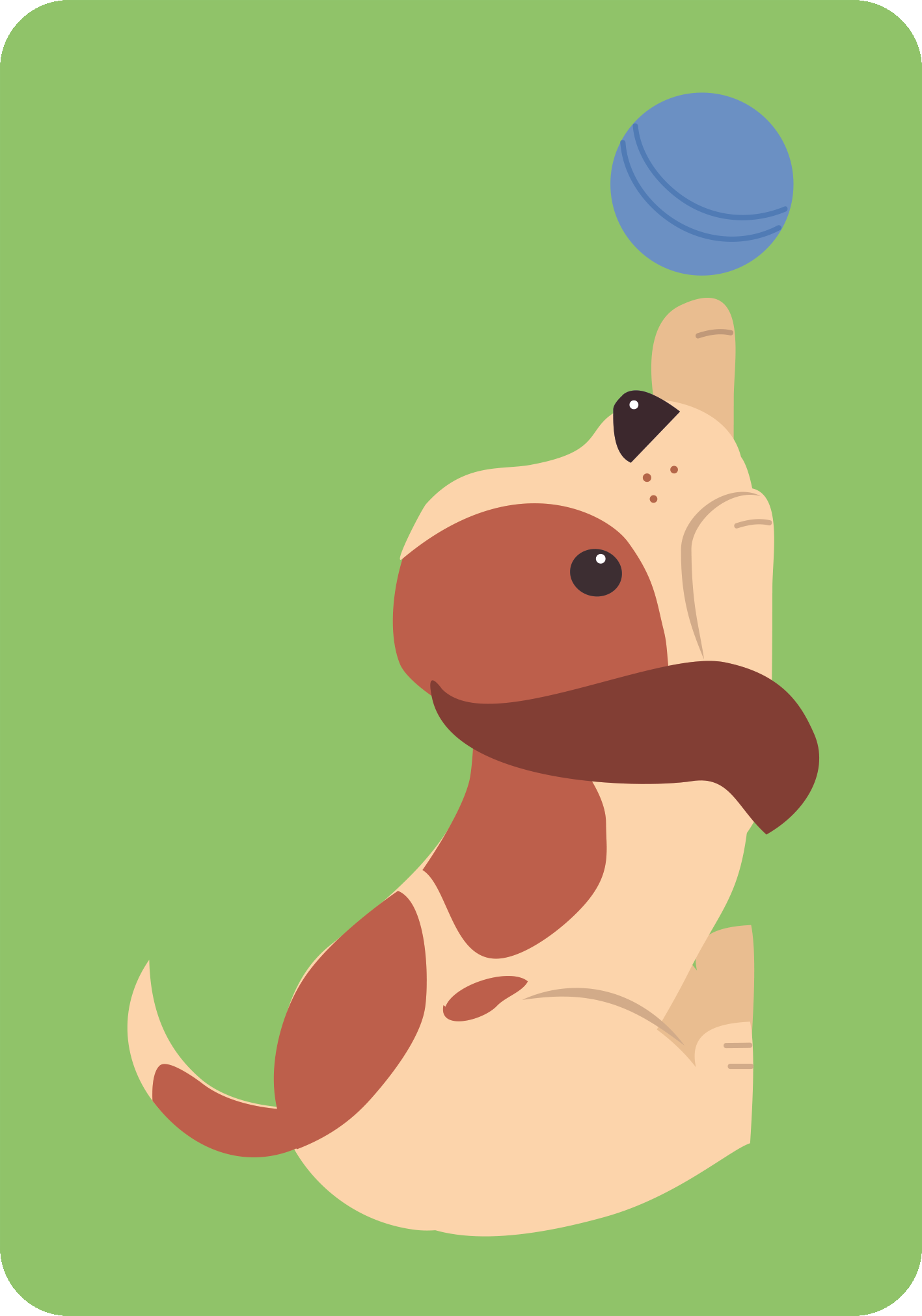 Gezeigt wird eine Innen- oder Zusatzansicht von „Ich packe meinen Koffer“. Auf einem grünen Hintergrund ist ein niedlicher Hund abgebildet, der einen blauen Ball mit einer Pfote anstößt. Der Hund hat ein braunes und beiges Fell, das weich und freundlich wirkt. Die typografische Gestaltung ist einfach und solide, ohne überflüssige Details, um den spielerischen Charakter der Illustration zu unterstreichen.