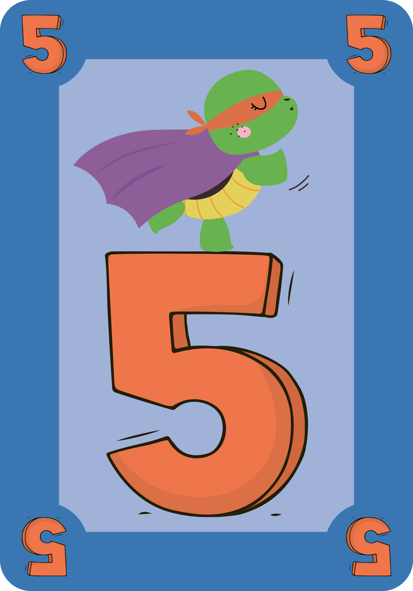 Gezeigt wird eine Innen- oder Zusatzansicht von „Mau-Mau“. Der Hintergrund ist in einem sanften Blau gehalten, während die große, orangefarbene Zahl „5“ zentral platziert ist. Oben schwebt eine kleine Schildkröte in einem lila Umhang, die optimistisch wirkt. Die Schildkröte hat einen grünen Körper und ein fröhliches Gesicht, was dem Design eine verspielte Note verleiht. Die gesamte Gestaltung nutzt eine klare, kindgerechte Typografie.