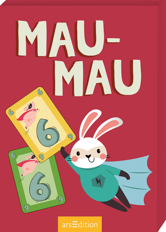 Auf dem Buchcover von „MAU-MAU“ dominiert ein kräftiges Rot. In der oberen Hälfte stehen die großen, freundlichen Buchstaben „MAU-MAU“ in hellen Farben. Ein niedlicher, cartoonartiger Hase mit einem blauen Umhang hält Karten in seinen Händen, auf denen je eine große „6“ und Abbildungen von Schweinen zu sehen sind. Der Charakter strahlt Lebensfreude und Abenteuerlust aus. Ein SPIEGEL-Bestseller-Button ist in der unteren Ecke platziert. Ganz unten mittig steht der Logoschriftzug...