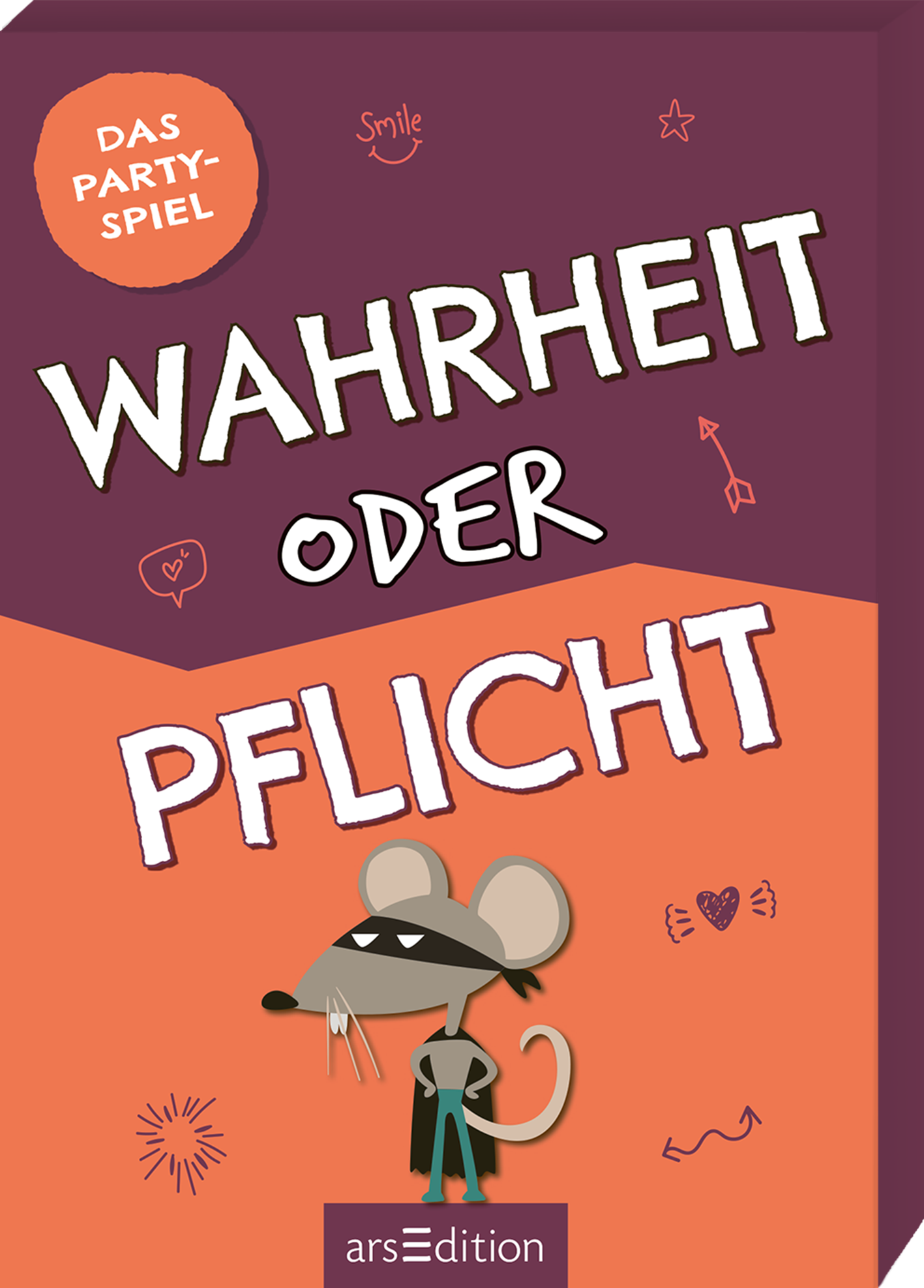 Auf der Vorderseite der dreidimensionalen Kartenbox steht in großen, auffälligen weißen Buchstaben der Titel „WAHRHEIT oder PFLICHT“. Oben links prangt ein orangenes, rundes Element mit der Aufschrift „DAS PARTY-SPIEL“. Die Illustration zeigt eine cartoonhafte Maus mit einer Augenmaske, die in der Mitte des Covers positioniert ist. Der Hintergrund ist in einem sanften Lila und Orange gehalten und mit bunten, verspielten Doodle-Elementen verziert. Ganz unten mittig steht der...