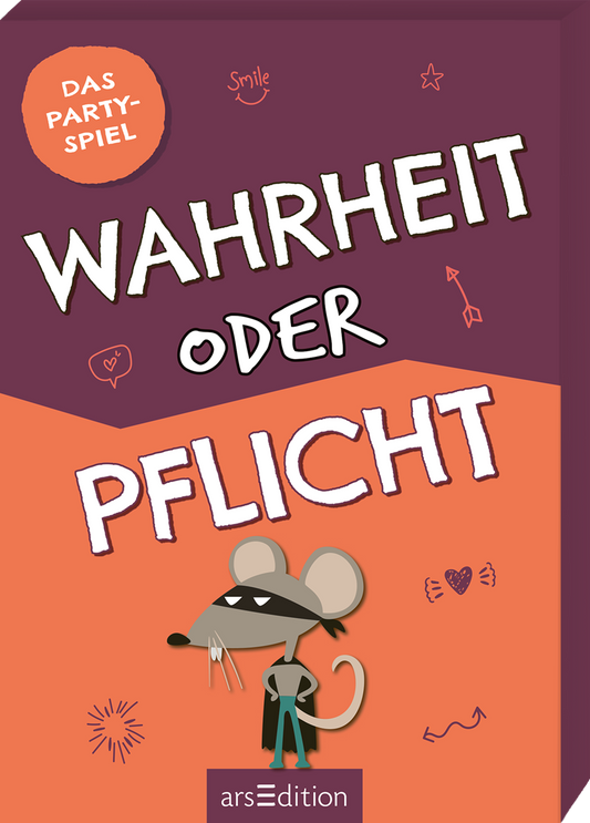 Auf der Vorderseite der dreidimensionalen Kartenbox steht in großen, auffälligen weißen Buchstaben der Titel „WAHRHEIT oder PFLICHT“. Oben links prangt ein orangenes, rundes Element mit der Aufschrift „DAS PARTY-SPIEL“. Die Illustration zeigt eine cartoonhafte Maus mit einer Augenmaske, die in der Mitte des Covers positioniert ist. Der Hintergrund ist in einem sanften Lila und Orange gehalten und mit bunten, verspielten Doodle-Elementen verziert. Ganz unten mittig steht der...