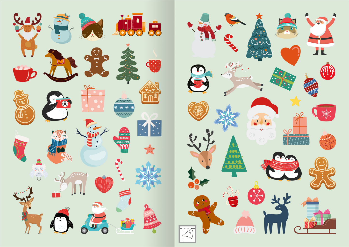 Gezeigt wird eine Innen- oder Zusatzansicht von „Weihnachtssticker“. Die Seite zeigt eine Vielzahl von festlichen Stickern in unterschiedlichen Farben und Formen. Zu sehen sind Motive wie Weihnachtsbäume, Geschenke, Schneemänner und Tiere, die in fröhlichen, bunten Tönen gestaltet sind. Die Typografie ist verspielt und ergänzt die Charakteristik der Illustrationen, während der Hintergrund in einem sanften Grünton gehalten ist, der die Lebendigkeit der Sticker betont.