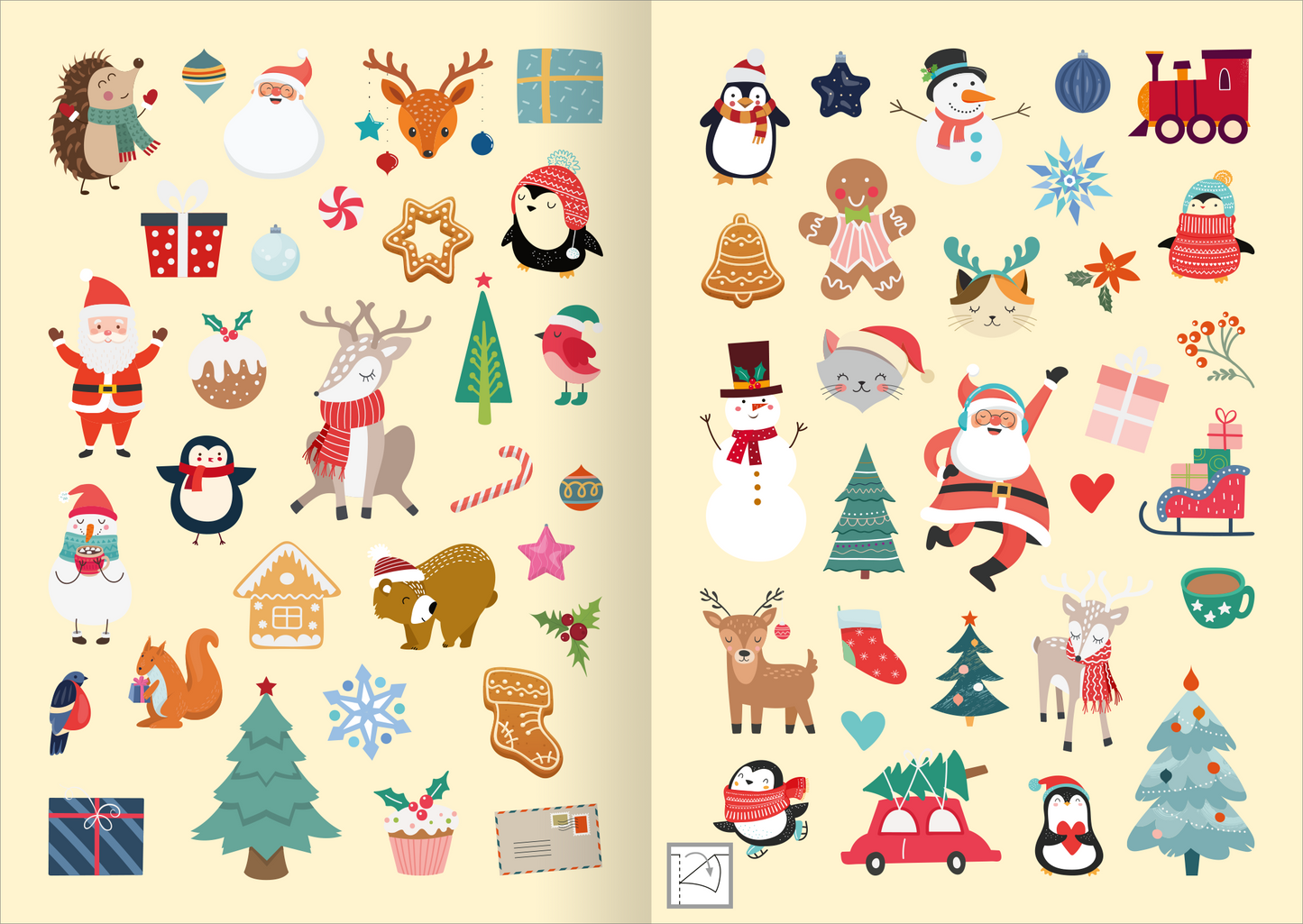 Gezeigt wird eine Innen- oder Zusatzansicht von „Weihnachtssticker“. Auf einem hellen Hintergrund sind bunte, winterliche Motive verteilt, darunter Schneemänner, Weihnachtsbäume, Rentiere, Geschenke und niedliche Tiere. Die Farbpalette umfasst kräftige Rottöne, Grüntöne, Blau und eine Vielzahl von Pastellfarben. Die Typografie ist verspielt und freundlich, unterstreicht das festliche Thema. Insgesamt vermittelt die Anordnung der Sticker eine fröhliche und einladende...