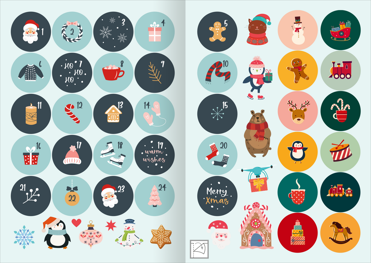 Gezeigt wird eine Innen- oder Zusatzansicht von „Weihnachtssticker“. Auf der linken Seite sind viele runde Sticker mit Zahlen, weihnachtlichen Motiven wie Santa, Schneemännern, Geschenken und winterlichen Elementen in sanften Farben wie Blau und Rosa. Die rechte Seite zeigt weitere Sticker mit bunten Kreisen, die Figuren wie Bären, Pinguine und Züge darstellen. Die Typografie ist verspielt und festlich, ergänzt durch weihnachtliche Botschaften und Symbole.