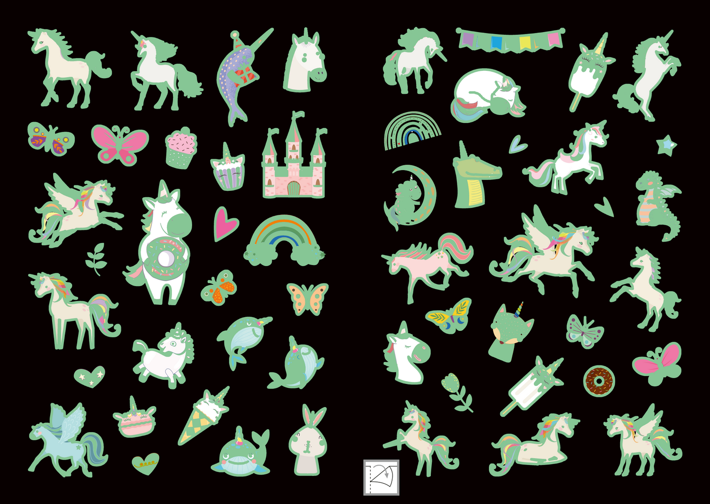 Gezeigt wird eine Innen- oder Zusatzansicht von „Leucht-Sticker – Einhörner“. Die Darstellung umfasst zahlreiche bunte Sticker mit Einhörnern, Regenbögen, Schmetterlingen und anderen fantasievollen Motiven. Die Farben sind hauptsächlich sanfte Pastelltöne wie Mintgrün, Rosa und Gelb. Die Typografie ist verspielt und kindgerecht, mit vereinfachten Formen und fröhlichen Designs, ideal für kreative Bastelprojekte. Der Hintergrund ist dunkel, wodurch die Motive besonders leuchten.