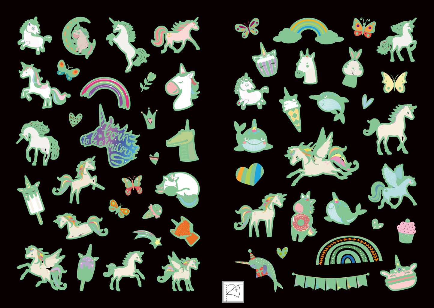 Gezeigt wird eine Innen- oder Zusatzansicht von „Leucht-Sticker – Einhörner“. Die Ansicht zeigt eine Vielzahl von bunten Stickern, darunter Einhörner in verschiedenen Posen, Regenbögen, Schmetterlinge und Herzen. Die Farben sind überwiegend pastellartig, mit sanften Grüntönen, Rosa und Lila. Die Typografie erscheint verspielt und kindlich, betont durch die Aufschrift „forever unicorns“. Die Gestaltung wirkt fröhlich und einladend, ideal für Kinder und Einhornliebhaber.