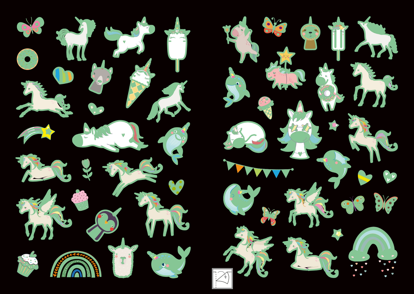 Gezeigt wird eine Innen- oder Zusatzansicht von „Leucht-Sticker – Einhörner“. Die Darstellung zeigt eine Vielzahl von bunten, fantasievollen Motiven, darunter Einhörner, Glühbirnen, Schmetterlinge und Regenbogen. Die Farben sind pastellig, insbesondere in sanften Grüntönen, Rosa und Weiß. Die Typografie ist verspielt und kindgerecht, ergänzt durch süße Icons wie Herzen und Sterne. Der Hintergrund ist dunkel, was die leuchtenden Sticker hervorhebt.