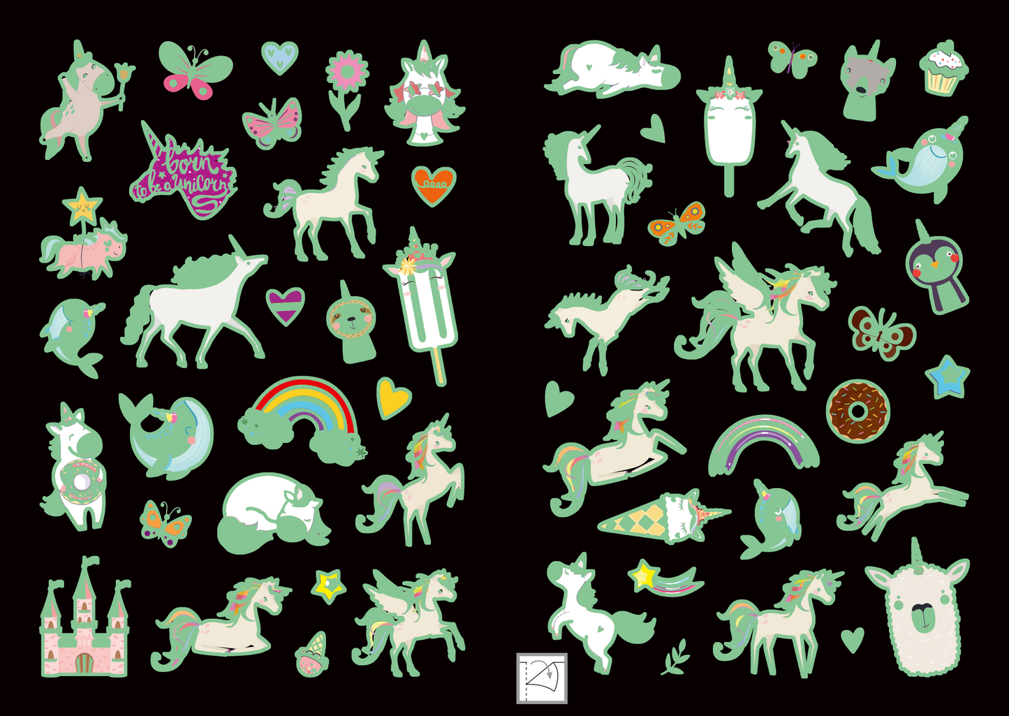 Gezeigt wird eine Innen- oder Zusatzansicht von „Leucht-Sticker – Einhörner“. Die Grafik präsentiert eine bunte Auswahl an Einhorn-Stickern in sanften Pastelltönen, vor einem schwarzen Hintergrund. Es gibt verschiedene Abbildungen, darunter Einhörner, Regenbögen, Herzen und Blumen sowie verspielte Elemente wie Schmetterlinge und Cupcakes. Die Designs sind in einer kindlichen, freundlichen Typografie gehalten, die den verspielten Charakter des Produkts unterstreicht.