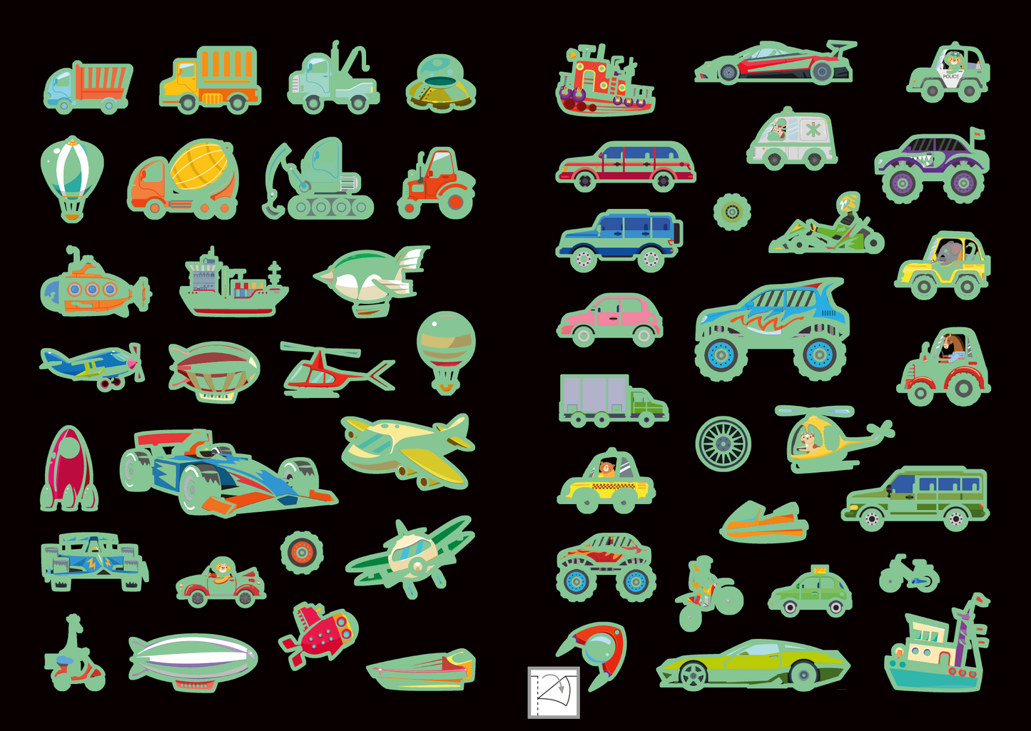 Gezeigt wird eine Innen- oder Zusatzansicht von „Leucht-Sticker – Fahrzeuge“. Die Ansicht präsentiert eine Vielzahl bunter Fahrzeuge, darunter Lkw, Traktoren, Flugzeuge und Boote, in lebendigen Farben wie Blau, Rot, Gelb und Grün. Die Abbildung verwendet eine einfache, spielerische Typografie, die die Fahrzeugnamen umreißt. Die Illustrationen sind klar und ansprechend gestaltet und strahlen eine kindgerechte Ästhetik aus. Der Hintergrund ist dunkel, was die leuchtenden Farben der...