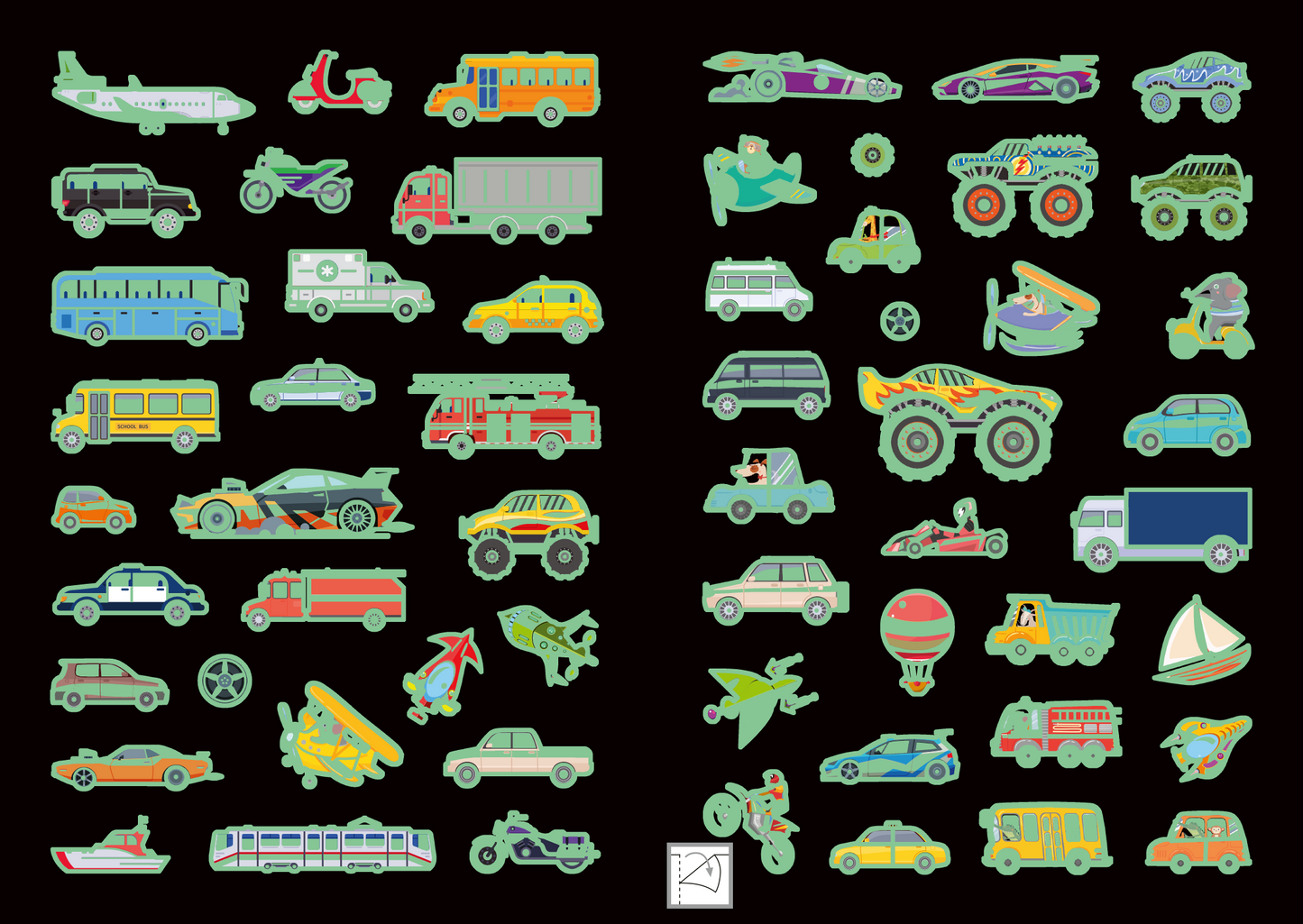 Gezeigt wird eine Innen- oder Zusatzansicht von „Leucht-Sticker – Fahrzeuge“. Die Darstellung umfasst eine Vielzahl farbenfroher Fahrzeugmotive, darunter Autos, Busse, Flugzeuge und Motorräder, in unterschiedlichen Formen und Designs. Die Farben sind überwiegend pastellig und leuchtend, mit einem abwechslungsreichen Einsatz von Blau, Grün, Gelb und Rot. Die Typografie ist kindgerecht und einfach gehalten, ohne textuelle Beschriftungen. Die Motive sind klar und illustrativ gestaltet, um...