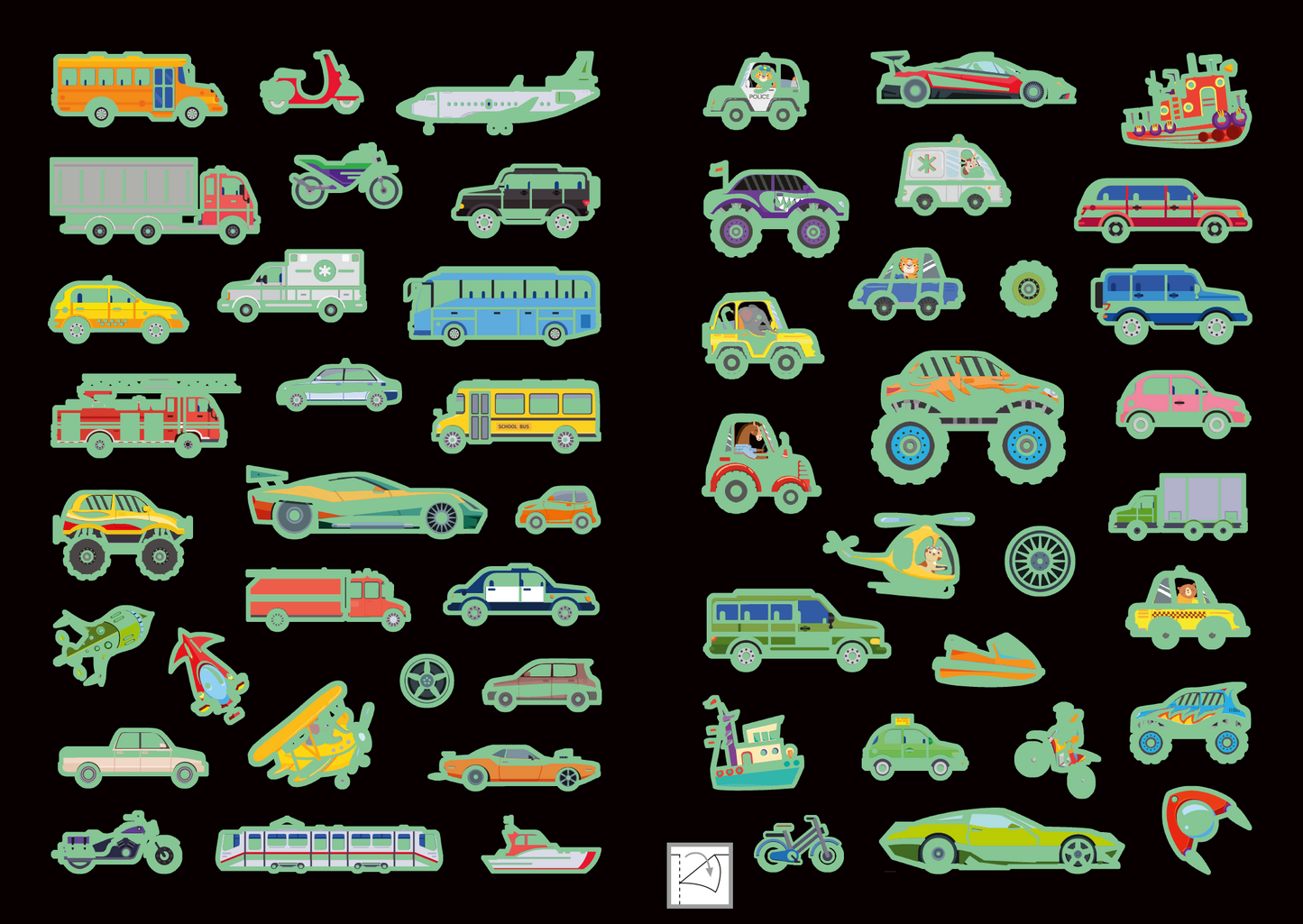 Gezeigt wird eine Innen- oder Zusatzansicht von „Leucht-Sticker – Fahrzeuge“. Die Darstellung zeigt eine Vielzahl von bunten Fahrzeugmotiven auf schwarzem Hintergrund. Zu erkennen sind Autos, Busse, Motorräder, Flugzeuge und Boote in leuchtenden Farben wie Gelb, Rot, Grün und Blau. Die Illustrationen sind freundlich und verspielt gestaltet, mit klaren Linien und einer kindgerechten Typografie, die das Interesse junger Betrachter weckt.