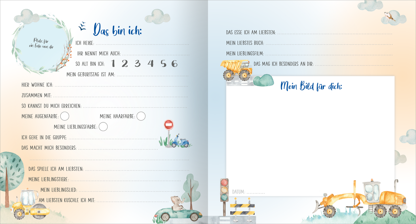 Gezeigt wird eine Innen- oder Zusatzansicht von „Meine ersten Freunde – Fahrzeuge (Aquarell-Optik)“. Die Seite ist in sanften Pastellfarben gehalten, mit einem himmelblauen Hintergrund und dekorativen Wolken. Links befindet sich ein Feld mit verschiedenen Angaben zur Person, umgeben von liebevollen, handgezeichneten Fahrzeugmotiven wie Autos und Baufahrzeugen. Auf der rechten Seite findet sich Platz für eine persönliche Zeichnung, umrahmt von einem ansprechenden, verspielten Layout in...