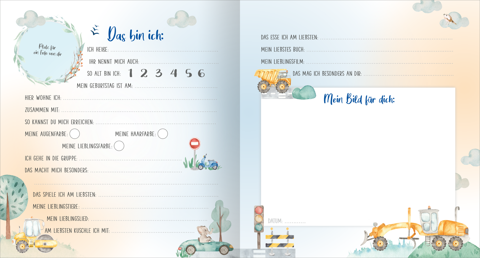 Gezeigt wird eine Innen- oder Zusatzansicht von „Meine ersten Freunde – Fahrzeuge (Aquarell-Optik)“. Die Seite ist in sanften Pastellfarben gehalten, mit einem himmelblauen Hintergrund und dekorativen Wolken. Links befindet sich ein Feld mit verschiedenen Angaben zur Person, umgeben von liebevollen, handgezeichneten Fahrzeugmotiven wie Autos und Baufahrzeugen. Auf der rechten Seite findet sich Platz für eine persönliche Zeichnung, umrahmt von einem ansprechenden, verspielten Layout in...