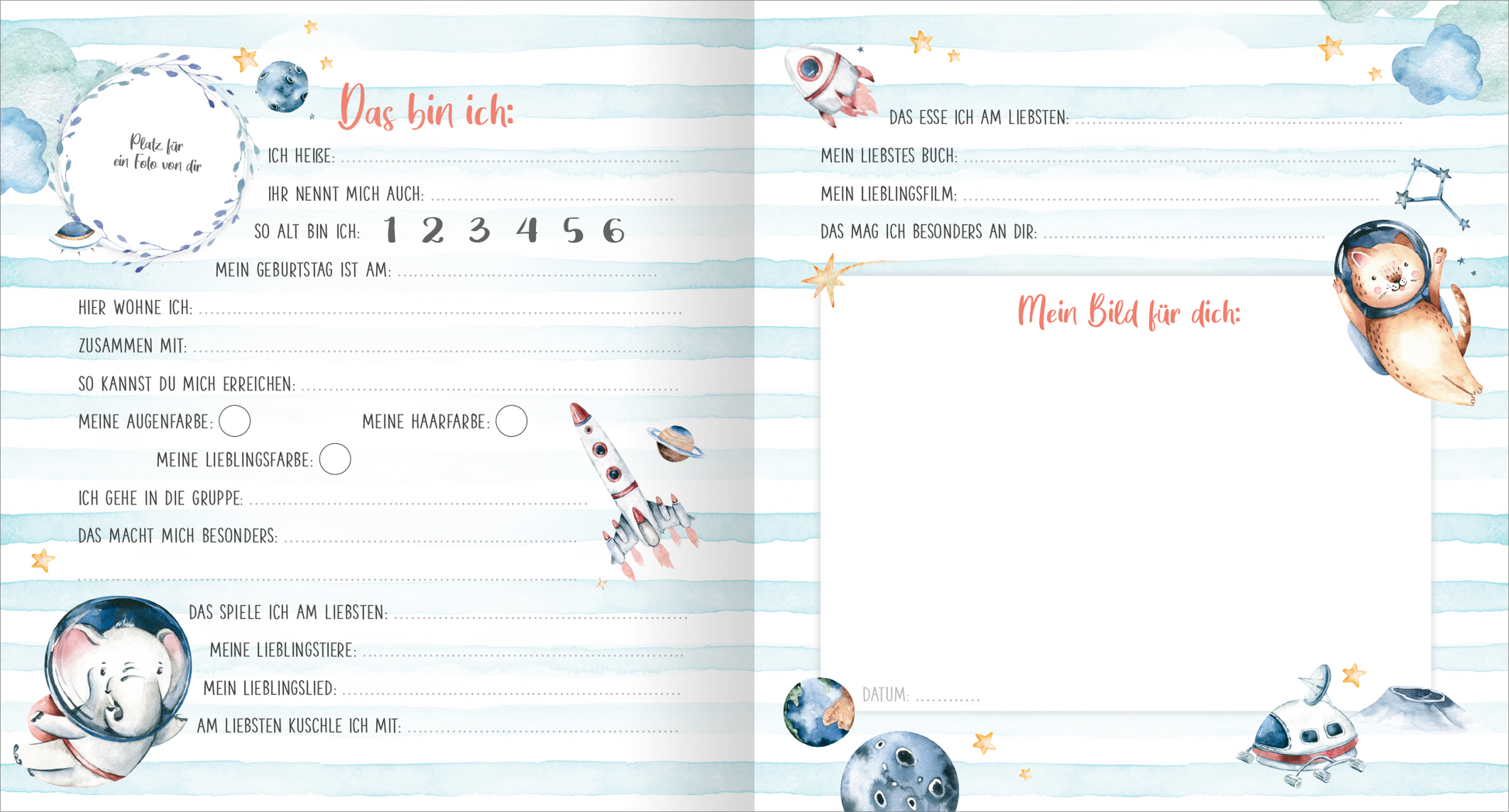 Gezeigt wird eine Innen- oder Zusatzansicht von „Meine ersten Freunde – Fahrzeuge (Aquarell-Optik)“. Die Seite ist in sanften Blau- und Pastelltönen gehalten, mit handgezeichneten Illustrationen von Raketen, Tieren und Planeten. Die typografischen Elemente sind freundlich und verspielt gestaltet, besonders der Abschnitt „Das bin ich“ mit einer auffälligen, roten Schrift. Es gibt ausreichend Platz für Eintragungen, um persönliche Informationen festzuhalten, und ein leeres Feld für...