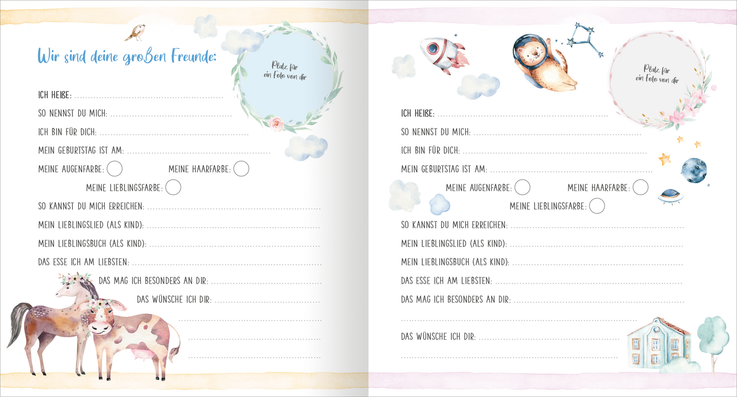 Gezeigt wird eine Innen- oder Zusatzansicht von „Meine ersten Freunde – Fahrzeuge (Aquarell-Optik)“. Die Doppelseite präsentiert eine sanfte Farbpalette in Pastelltönen, ergänzt durch handgezeichnete Illustrationen von Tieren und Himmelsobjekten. Auf der linken Seite sind die Abschnitte „Wir sind deine großen Freunde“ und mehrere Fragen zur Selbstdarstellung untergebracht, während die rechte Seite Platz für persönliche Angaben bietet. Die verspielte, leicht lesbare Schriftart...