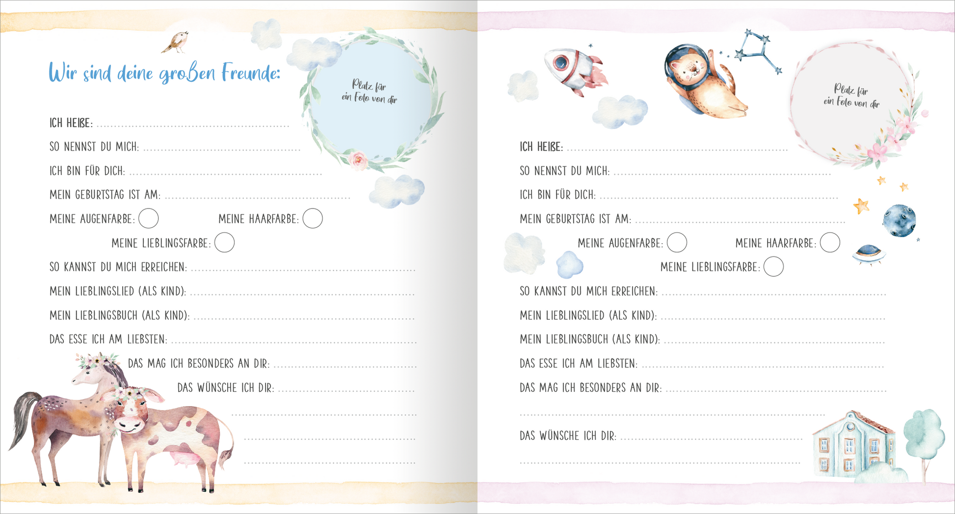 Gezeigt wird eine Innen- oder Zusatzansicht von „Meine ersten Freunde – Fahrzeuge (Aquarell-Optik)“. Die Doppelseite präsentiert eine sanfte Farbpalette in Pastelltönen, ergänzt durch handgezeichnete Illustrationen von Tieren und Himmelsobjekten. Auf der linken Seite sind die Abschnitte „Wir sind deine großen Freunde“ und mehrere Fragen zur Selbstdarstellung untergebracht, während die rechte Seite Platz für persönliche Angaben bietet. Die verspielte, leicht lesbare Schriftart...