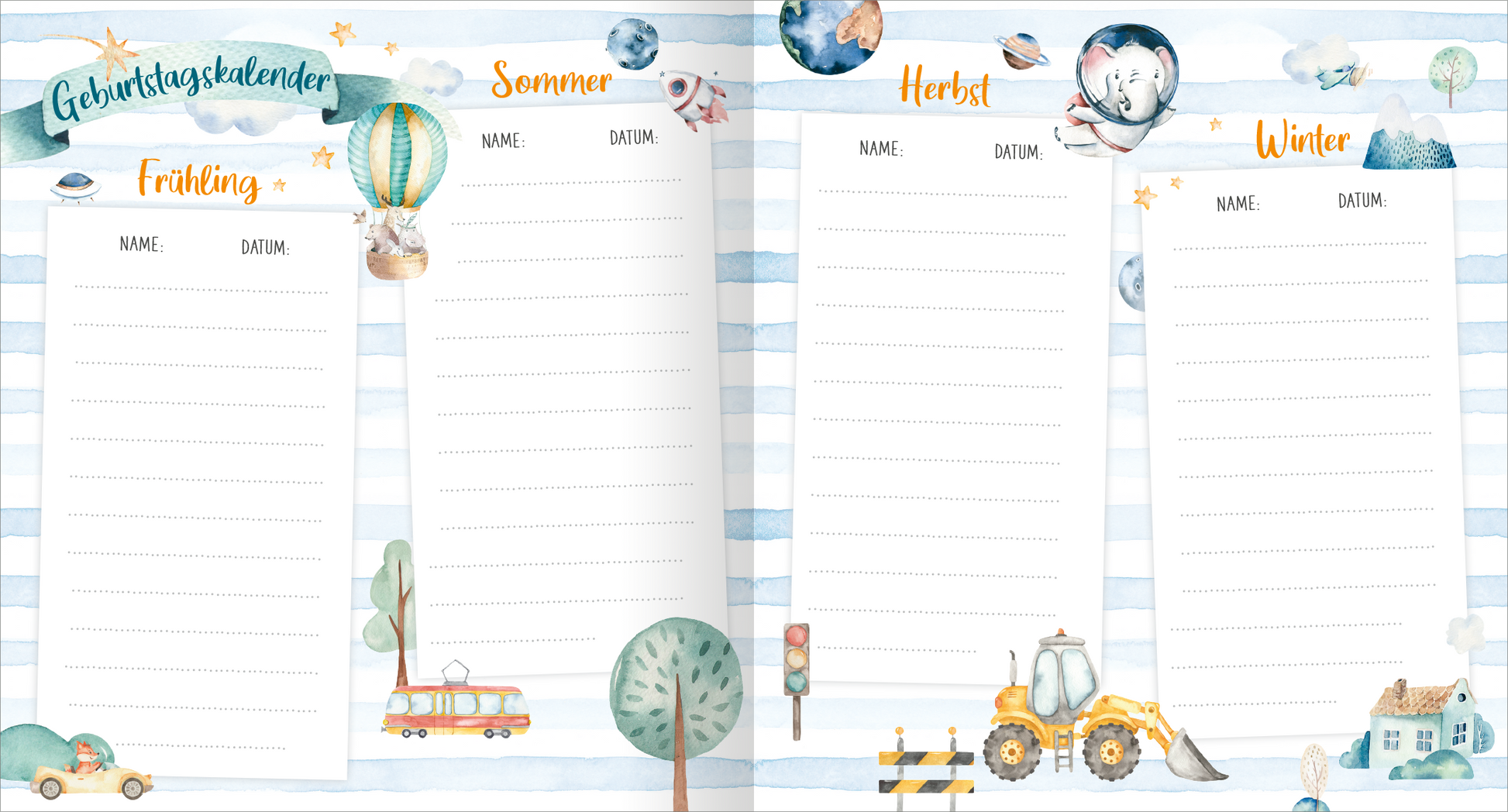Gezeigt wird eine Innen- oder Zusatzansicht von „Meine ersten Freunde – Fahrzeuge (Aquarell-Optik)“. Die Seite ist in sanften, pastellfarbenen Tönen gestaltet, mit blau-weißen Streifen im Hintergrund. In jedem der vier Abschnitte für die Jahreszeiten Frühling, Sommer, Herbst und Winter sind üppige, aquarellierte Illustrationen von Fahrzeugen und Luftballons zu sehen. Der Titel „Geburtstagskalender“ ist in verspielter Schrift oberhalb platziert. Unter den Illustrationen befinden...