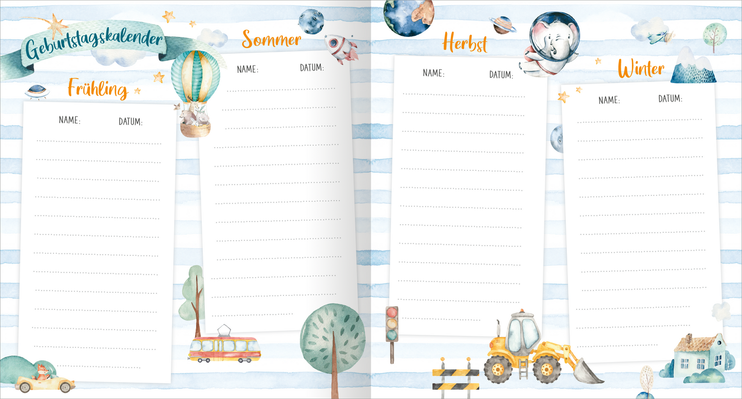 Gezeigt wird eine Innen- oder Zusatzansicht von „Meine ersten Freunde – Fahrzeuge (Aquarell-Optik)“. Die Seite ist in sanften, pastellfarbenen Tönen gestaltet, mit blau-weißen Streifen im Hintergrund. In jedem der vier Abschnitte für die Jahreszeiten Frühling, Sommer, Herbst und Winter sind üppige, aquarellierte Illustrationen von Fahrzeugen und Luftballons zu sehen. Der Titel „Geburtstagskalender“ ist in verspielter Schrift oberhalb platziert. Unter den Illustrationen befinden...