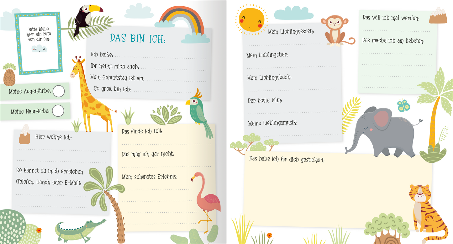 Gezeigt wird eine Innen- oder Zusatzansicht von „Alle meine Freunde – Dino | Mit über 300 Stickern“. Die Doppelseite ist farbenfroh gestaltet, mit Illustrationen von Tieren wie einer Giraffe, einem Elefanten und einem Tiger, umrahmt von grünen Pflanzen und einem Regenbogen. Auf der linken Seite stehen in klarer, verspielter Schrift Fragen zur Personalauskunft, wie „Ich heiße…“ und „Ich wohne…“. Die rechte Seite enthält leere Felder für Lieblingsfarben und -tiere, um eine...