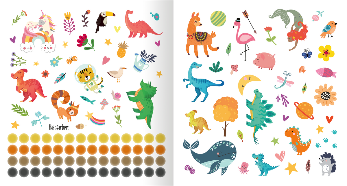 Gezeigt wird eine Innenansicht von „Alle meine Freunde – Dino | Mit über 300 Stickern“. Die Seite enthält bunte, fantasievolle Sticker von Dinos, Tieren, Pflanzen und weiteren Motiven. Helle Farben wie Grün, Pink, Blau und Gelb dominieren das Bild. Die Typografie ist verspielt und kindgerecht. Unten sind vier Reihen mit unterschiedlichen Farbtönen in runden Feldern angeordnet, die vier verschiedene Haarfarben darstellen.