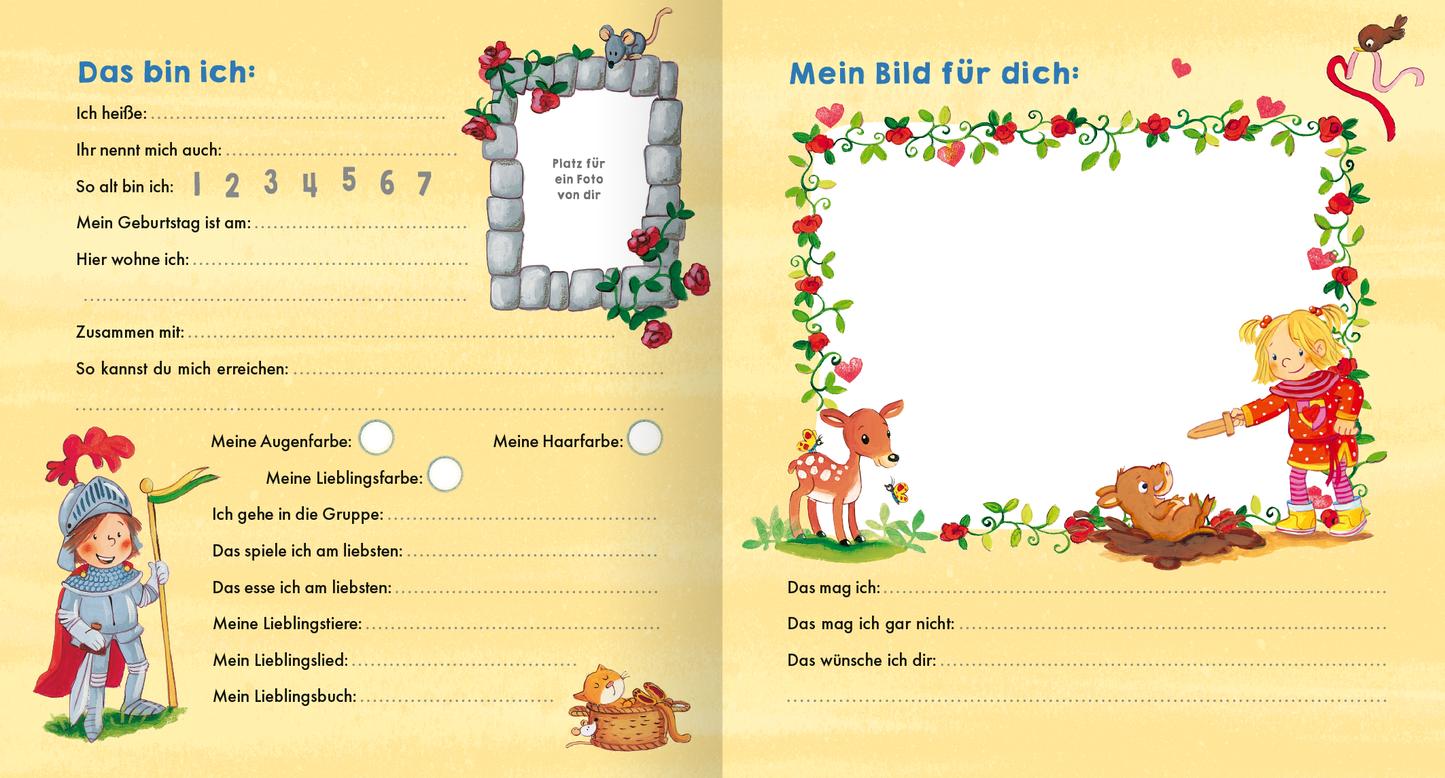 Gezeigt wird eine Innen- oder Zusatzansicht von „Meine Kindergarten-Freunde (Ritter und Ritterin)“. Die Seite ist in sanften Gelb- und Grüntönen gehalten. Links befindet sich ein Bereich mit Fragen zur persönlichen Vorstellung, eingerahmt von einer steinernen Umrandung mit roten Rosen. Rechts ist ein leeres Bildfeld, umrahmt von einem floralen Muster, das in lebendigen Farben gestaltet ist. Illustrationen zeigen einen Ritter und ein Mädchen, die die kindliche Neugier und Kreativität...