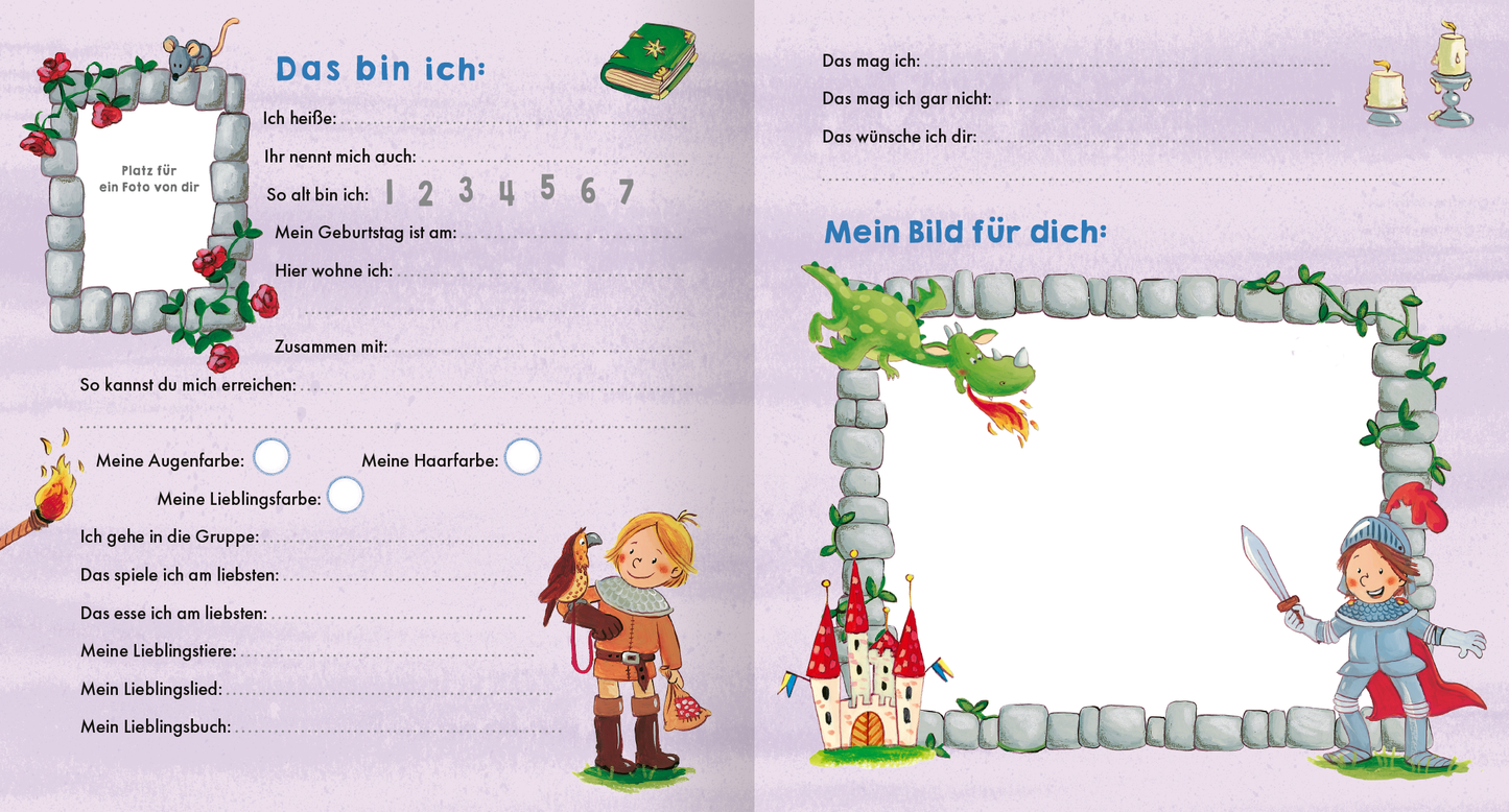 Gezeigt wird eine Innen- oder Zusatzansicht von „Meine Kindergarten-Freunde (Ritter und Ritterin)“. Die Seite ist in sanften Pastellfarben gestaltet, vorwiegend in Lila und Blau. Oben links befindet sich ein Platz für persönliche Angaben, eingerahmt von einer steinernen Mauer. Rechts wird ein leeres Feld für kreative Zeichnungen angeboten, umgeben von Illustrationen eines Drachen und einem Ritter. Die Schrift ist klar und kindgerecht, unterstützt von bunten Bildern, die eine freundliche...