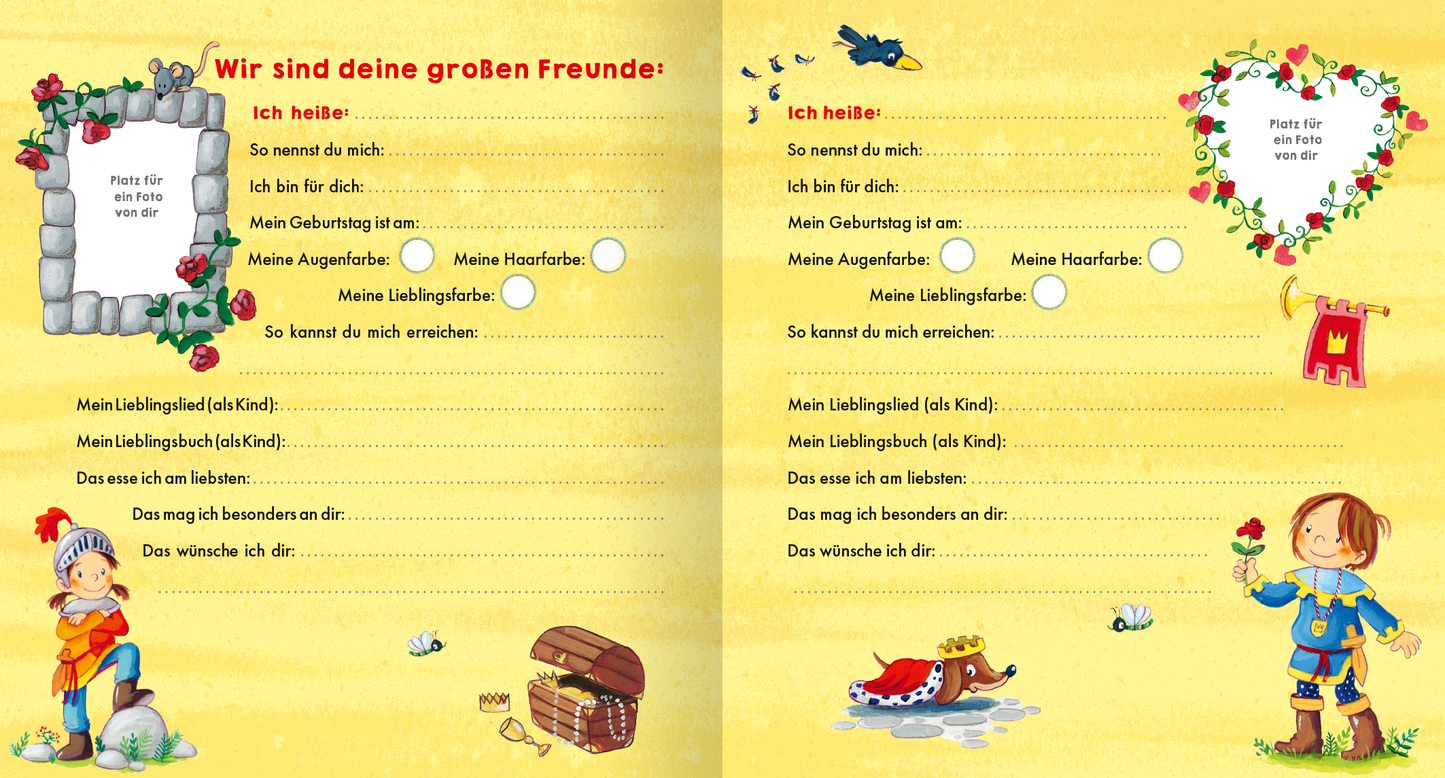 Gezeigt wird eine Innen- oder Zusatzansicht von „Meine Kindergarten-Freunde (Ritter und Ritterin)“. Die Seite ist hellgelb und enthält einen dekorativen Rahmen mit Blumen und einem Steinmotiv. Auf der linken Seite steht „Wir sind deine großen Freunde“ in roten Buchstaben. Es gibt leere Felder zum Ausfüllen persönlicher Informationen, umgeben von kindgerechten Illustrationen wie einem Ritter, einer Prinzessin, einem Schatz und einem Hund. Die Schrift ist klar und gut lesbar.