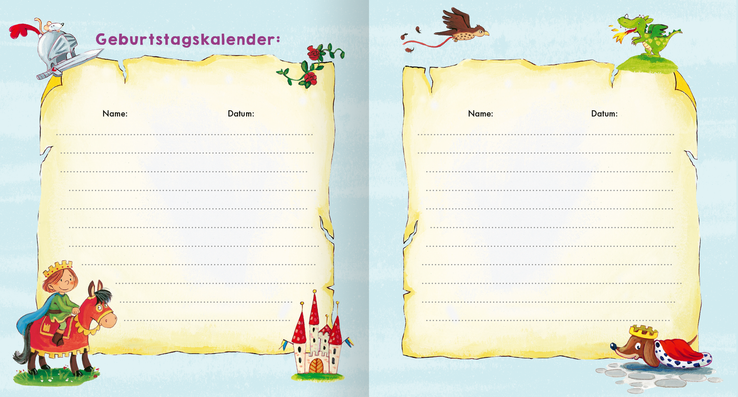Gezeigt wird eine Innen- oder Zusatzansicht von „Meine Kindergarten-Freunde (Ritter und Ritterin)“. Die Seite ist hellblau mit einem gewellten, mittelalterlich anmutenden Rand. Oben befindet sich der Titel „Geburtstagskalender“ in verspielter, bunter Schrift. Links ist ein Ritter auf einem Pferd abgebildet, während auf der rechten Seite ein Drache fliegt. In der Mitte sind leere Linien für Namen und Daten, um die Geburtstage der Freunde festzuhalten.
