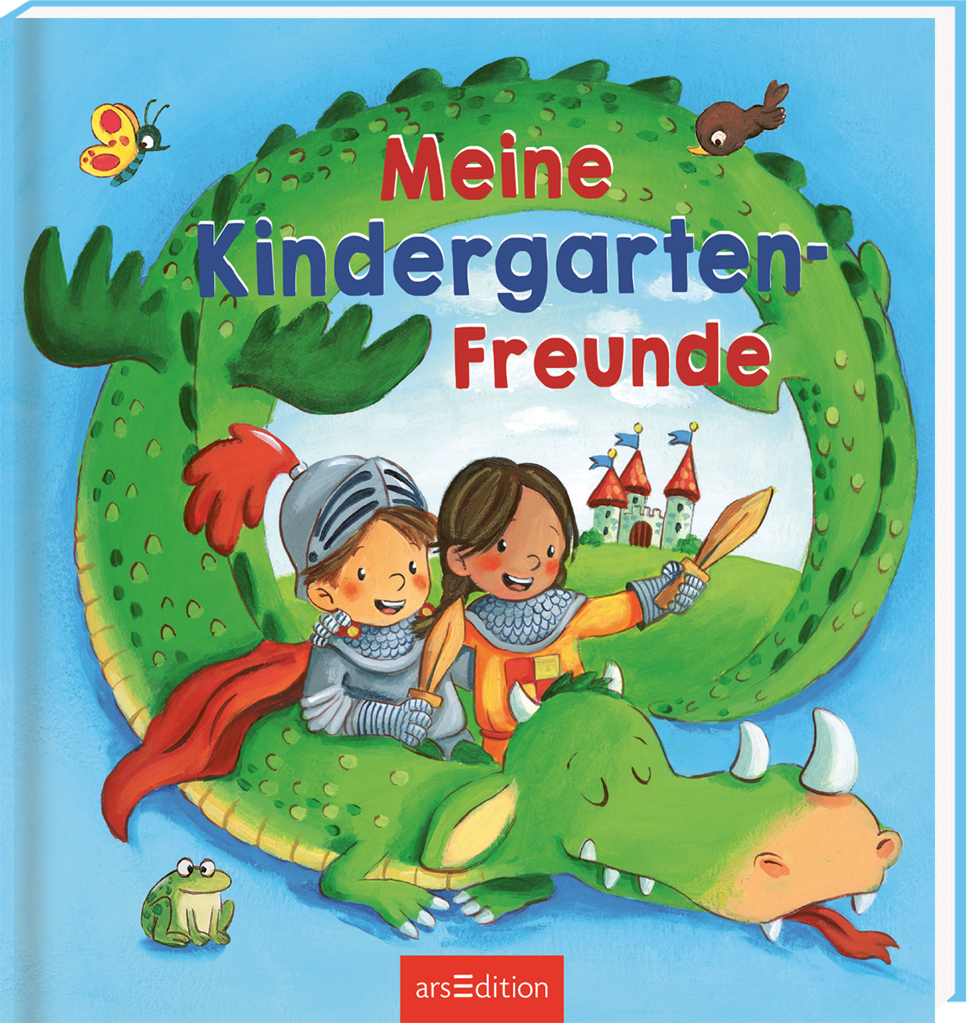 Das Cover zeigt zwei fröhliche Kinder, die in Ritterkostümen auf einem grünen Drachen sitzen. Die Kinder lächeln; eines hält ein Schwert, das andere eine Blätterlanze. Im Hintergrund sind bunte Burgen und eine Wiese zu sehen. Der Titel „Meine Kindergarten-Freunde“ ist in großen, bunten Buchstaben geschrieben. Oben links fliegt ein Schmetterling und unten links sitzt ein kleiner, grüner Frosch. Ganz unten mittig steht der Logoschriftzug von arsEdition.