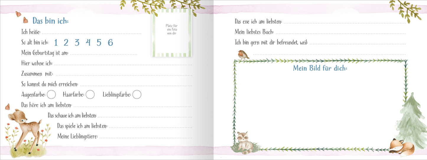 Gezeigt wird eine Innen- oder Zusatzansicht von „Alle meine Freunde - Waldtiere“. Die Seite präsentiert ein sanftes, pastellfarbenes Design mit einer zarten, von Pflanzen umrahmten Struktur. Links sind Felder für persönliche Informationen wie Name, Geburtsdatum und Vorlieben in klarer, gut lesbarer Schrift angeordnet. Auf der rechten Seite befindet sich ein leerer Kasten, um ein Bild zu zeichnen, umgeben von liebevollen Illustrationen von Waldtieren. Die Farben sind überwiegend in...