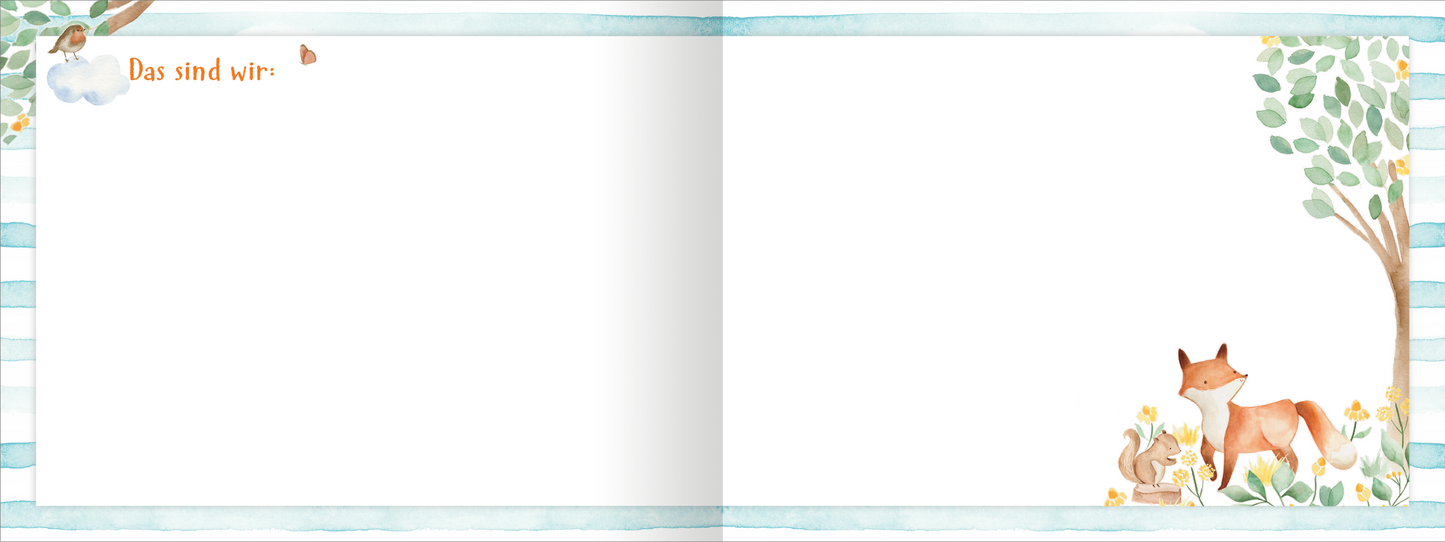 Gezeigt wird eine Innen- oder Zusatzansicht von „Alle meine Freunde - Waldtiere“. Die Doppelseite zeigt eine helle, pastellfarbene Gestaltung mit sanften, horizontalen Streifen in Blau und einer großen weißen Fläche in der Mitte. Oben links befindet sich der Schriftzug „Das sind wir“ in einer verspielten, orangefarbenen Typografie. Rechts unten sind liebevoll illustrierte Waldtiere, darunter ein roter Fuchs und ein Kaninchen, umgeben von grünen Blättern und gelben Blüten.